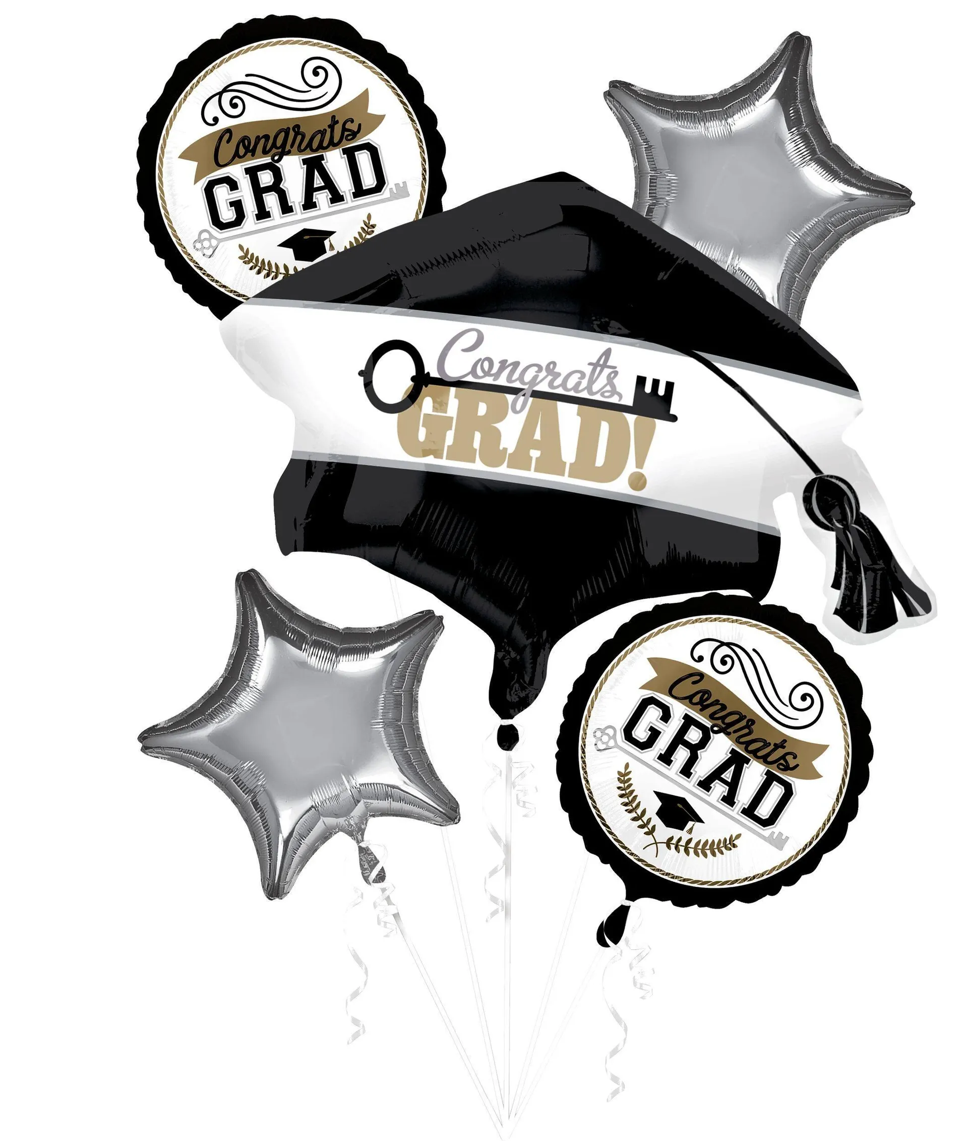 "Congrats Grad" Graduation Cap Satin Foil Balloon Bouquet, Silver/Black, 5-pk, Helium Inflation & Ribbon Included for Graduation