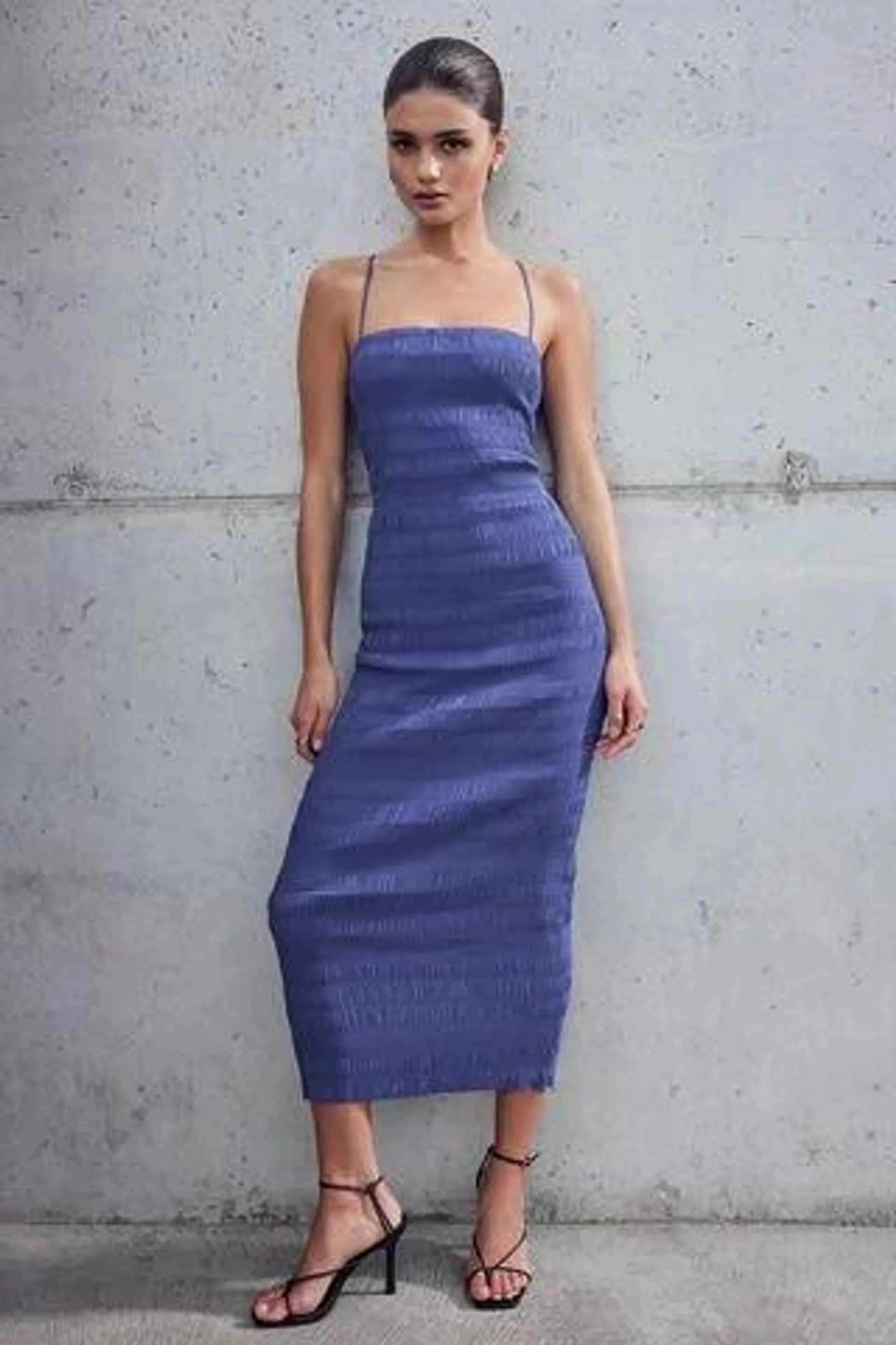 Shirred Seersucker Midi Dress