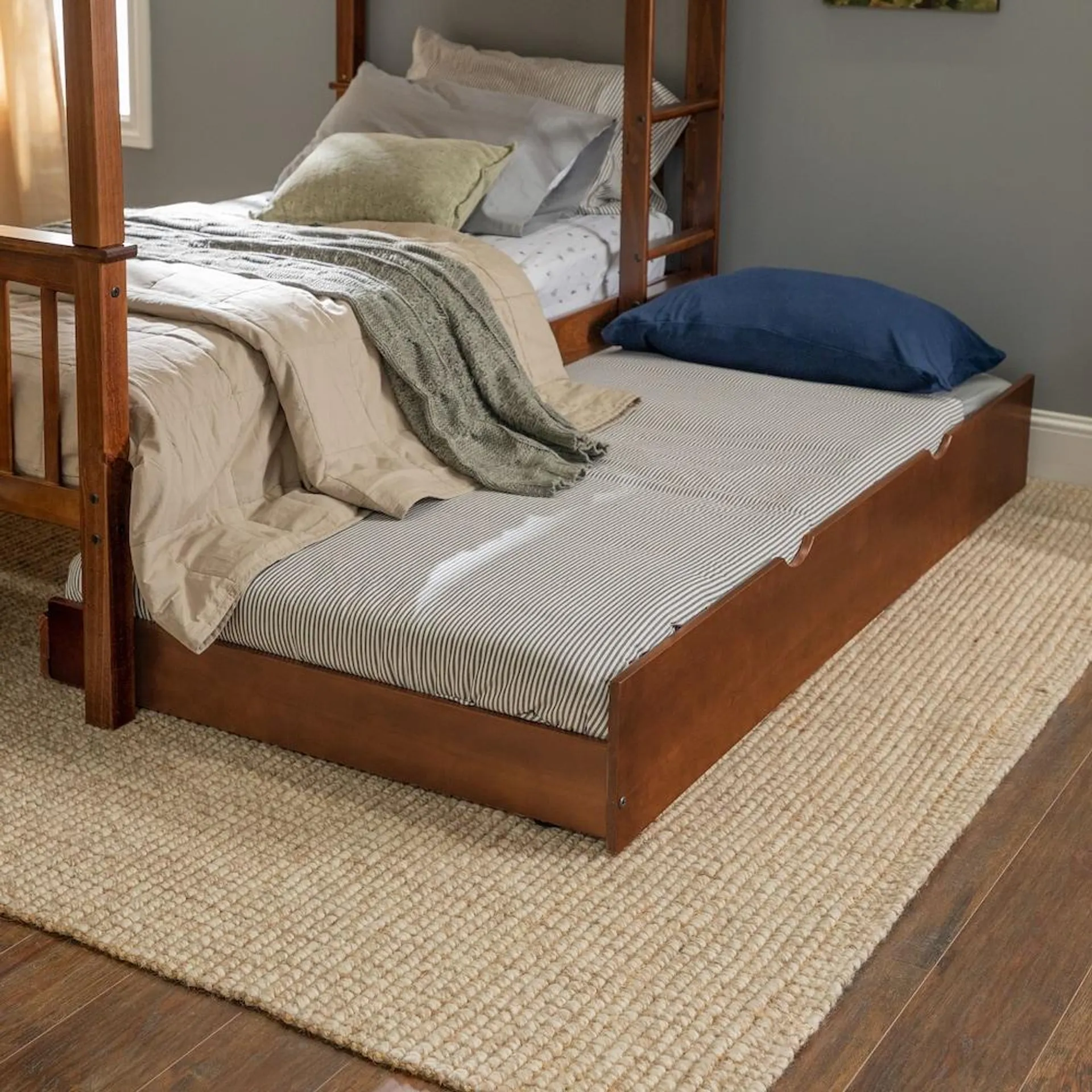 Solid Wood Twin Trundle Bed Frame with Wheels - Walnut