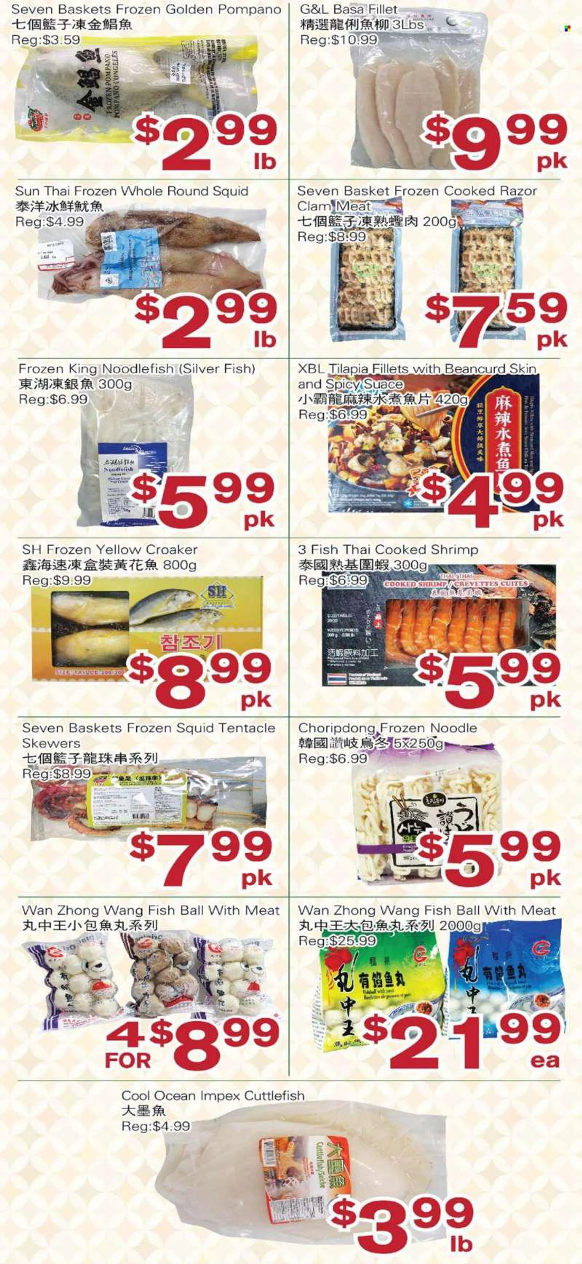 First Choice Supermarket Flyer - August 05, 2022 - August 11, 2022 - Sales products - clams, cuttlefish, squid, tilapia, pompano, shrimps, sauce, noodles, Razor. Page 4.