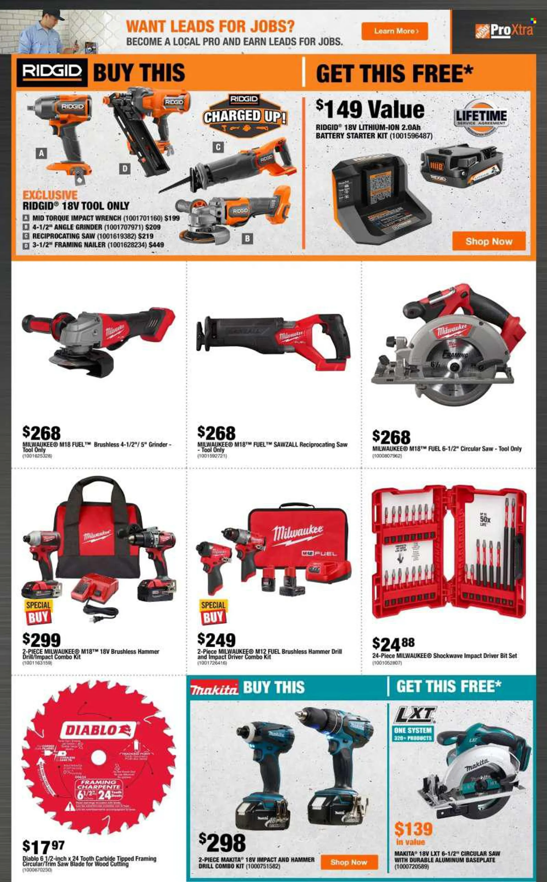 The Home Depot Flyer - August 04, 2022 - August 17, 2022 - Sales products - battery, Milwaukee, drill, impact driver, Ridgid, Makita, grinder, circular saw, saw, angle grinder, reciprocating saw, combo kit, nailer. Page 3.