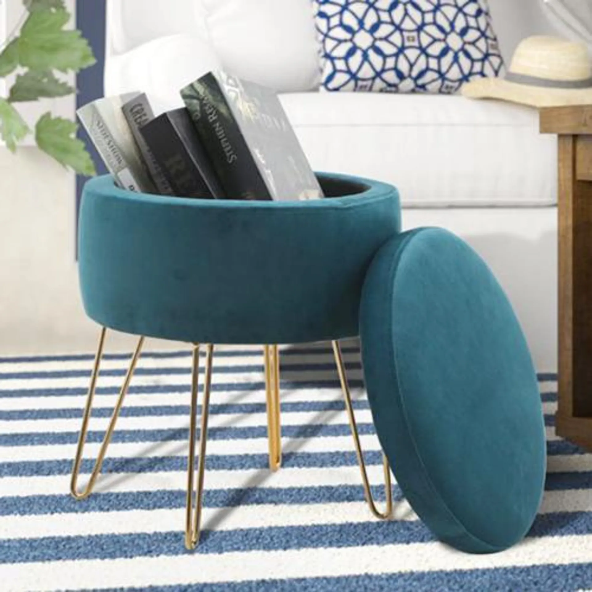 Velvet Storage Stool Wood Frame Gold Metal Leg