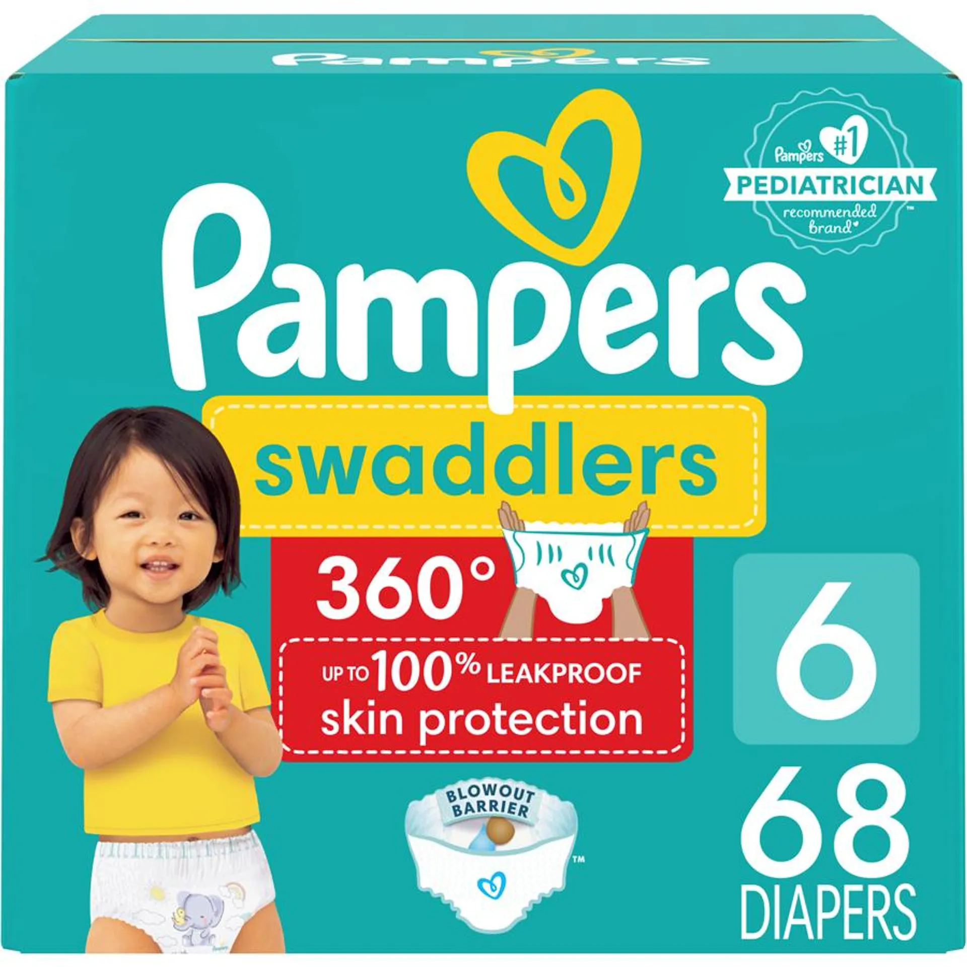 Swaddlers 360 Pull-On Diapers, Size 6 (35+ lbs), 68 Count, for up to 100% Leakproof Skin Protection