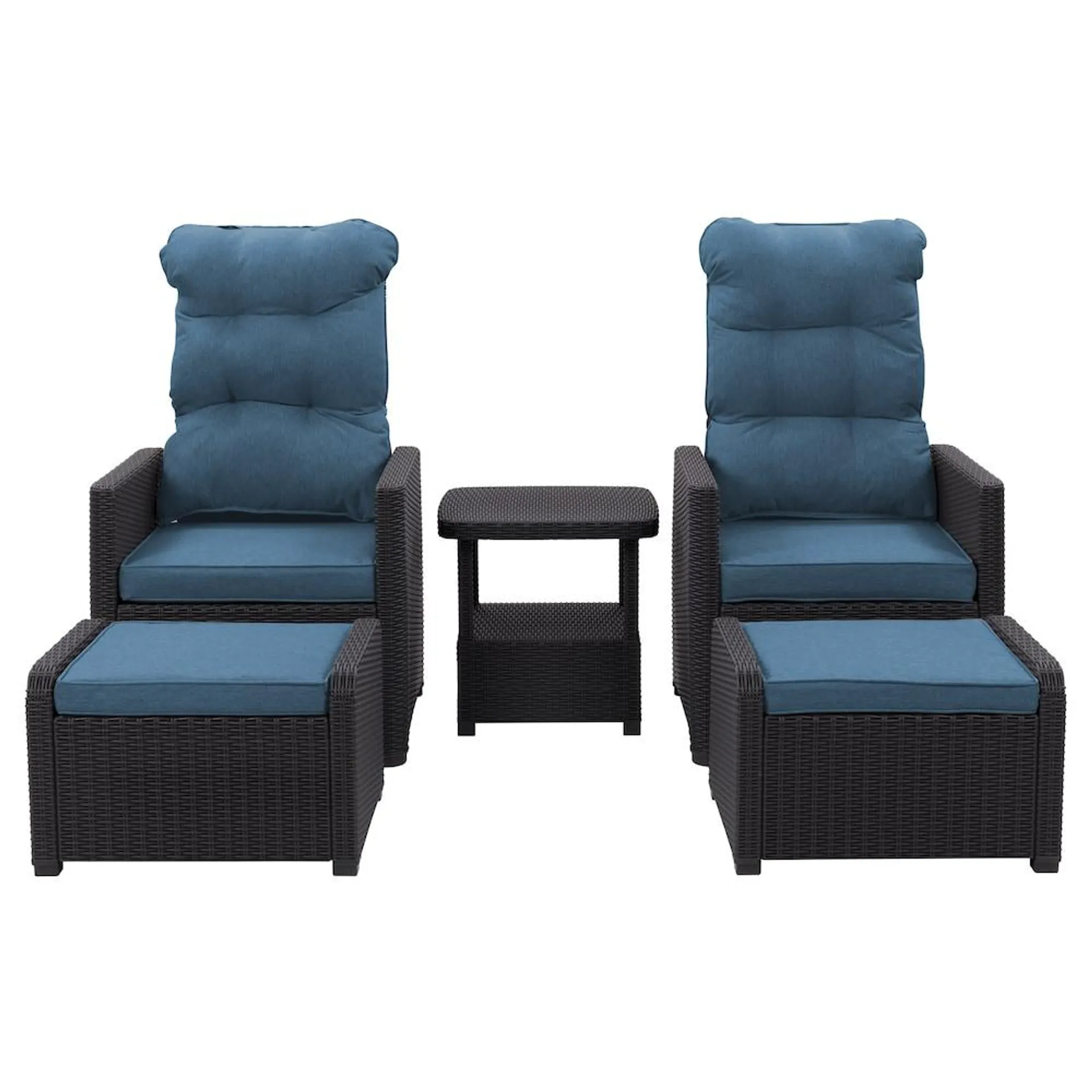 Lake Front Rattan Patio Recliner and Ottoman Set in Blue, 5pc