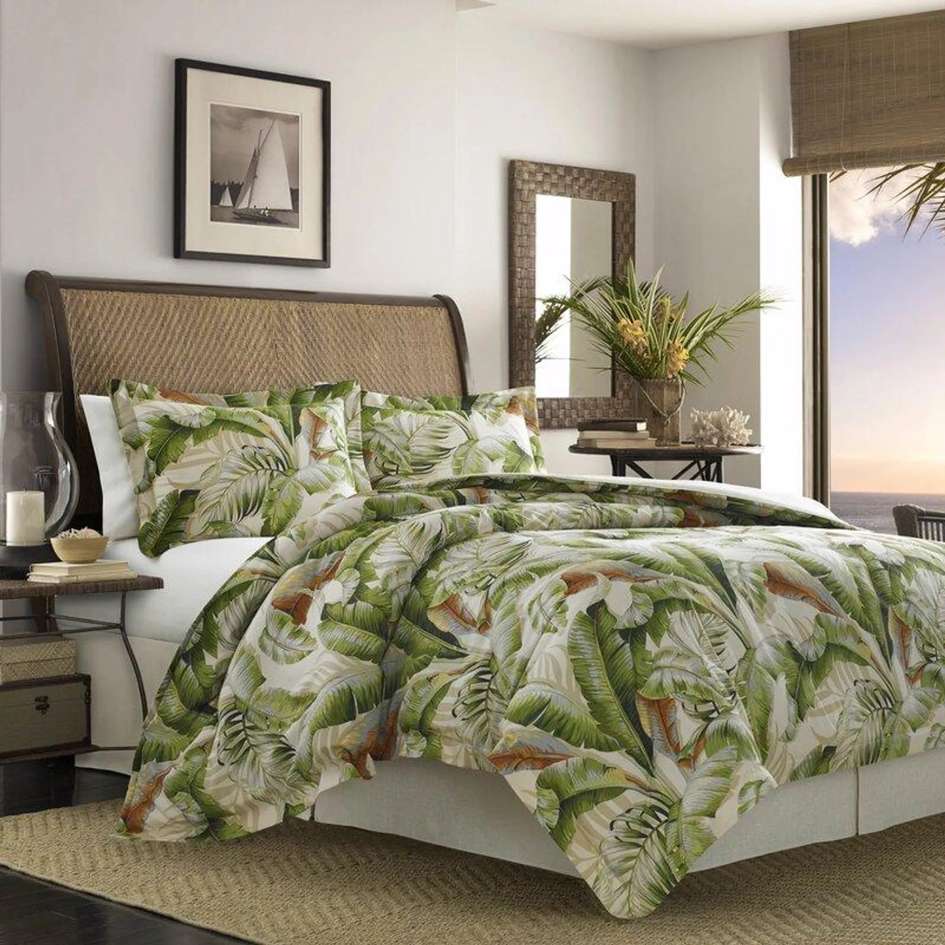 Palmiers Green/Cream 100% Cotton Reversible Tropical 4 Piece Comforter Set