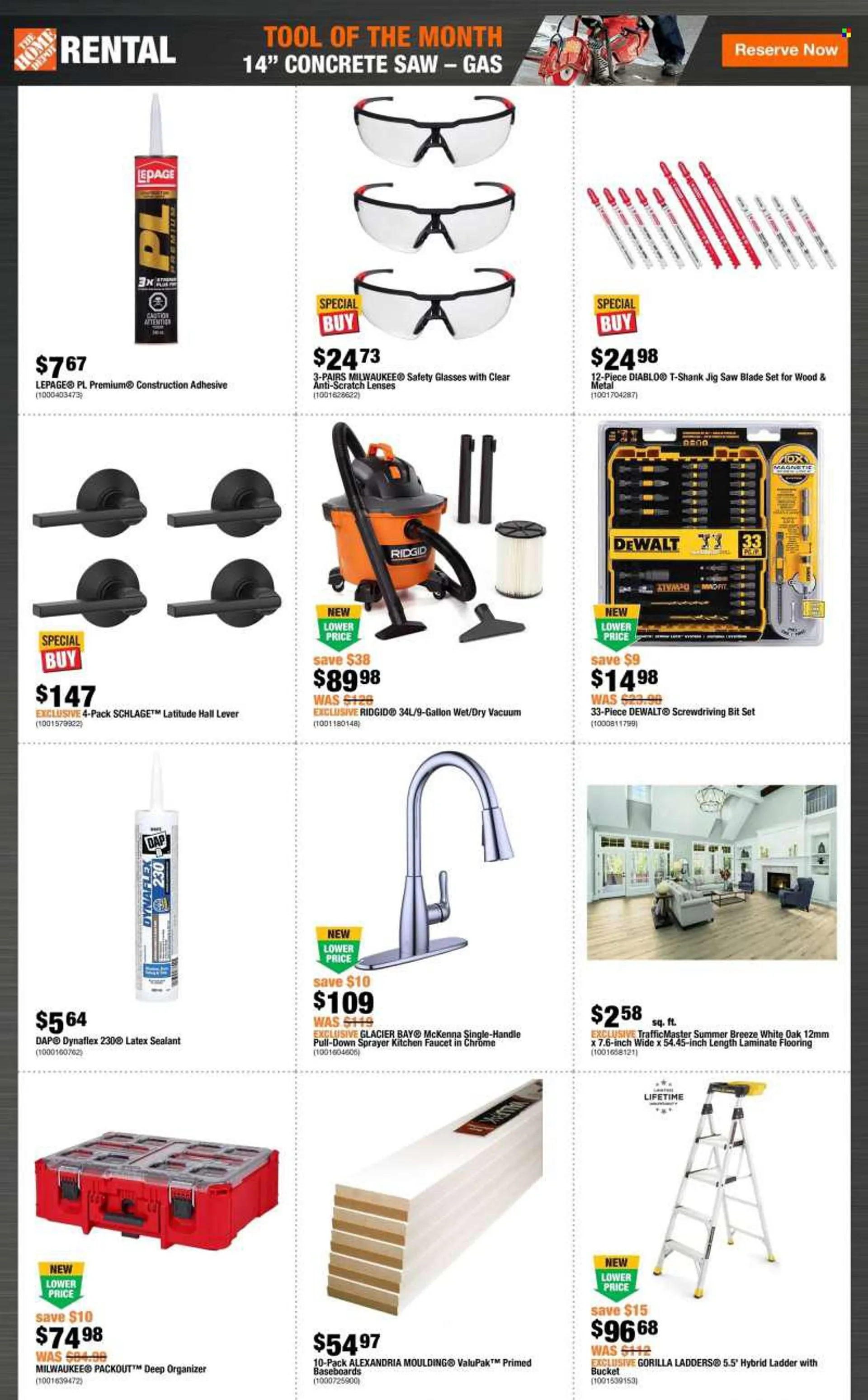 The Home Depot Flyer - August 04, 2022 - August 17, 2022 - Sales products - gallon, vacuum cleaner, ladder, faucet, adhesive, flooring, laminate floor, siding, moulding, Milwaukee, DeWALT, Ridgid, saw, jig saw, safety glasses, sprayer. Page 2.