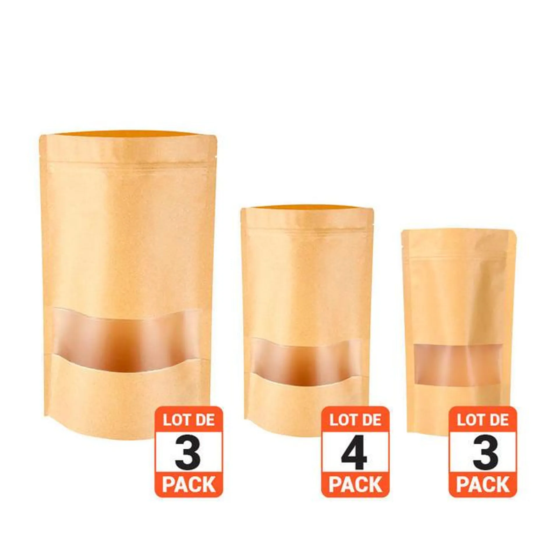 Reusable Zip Lock Stand Up Kraft Paper Bag with Matte Transparent Window, 10pcs - LIVINGbasics­­™ - S/M/L