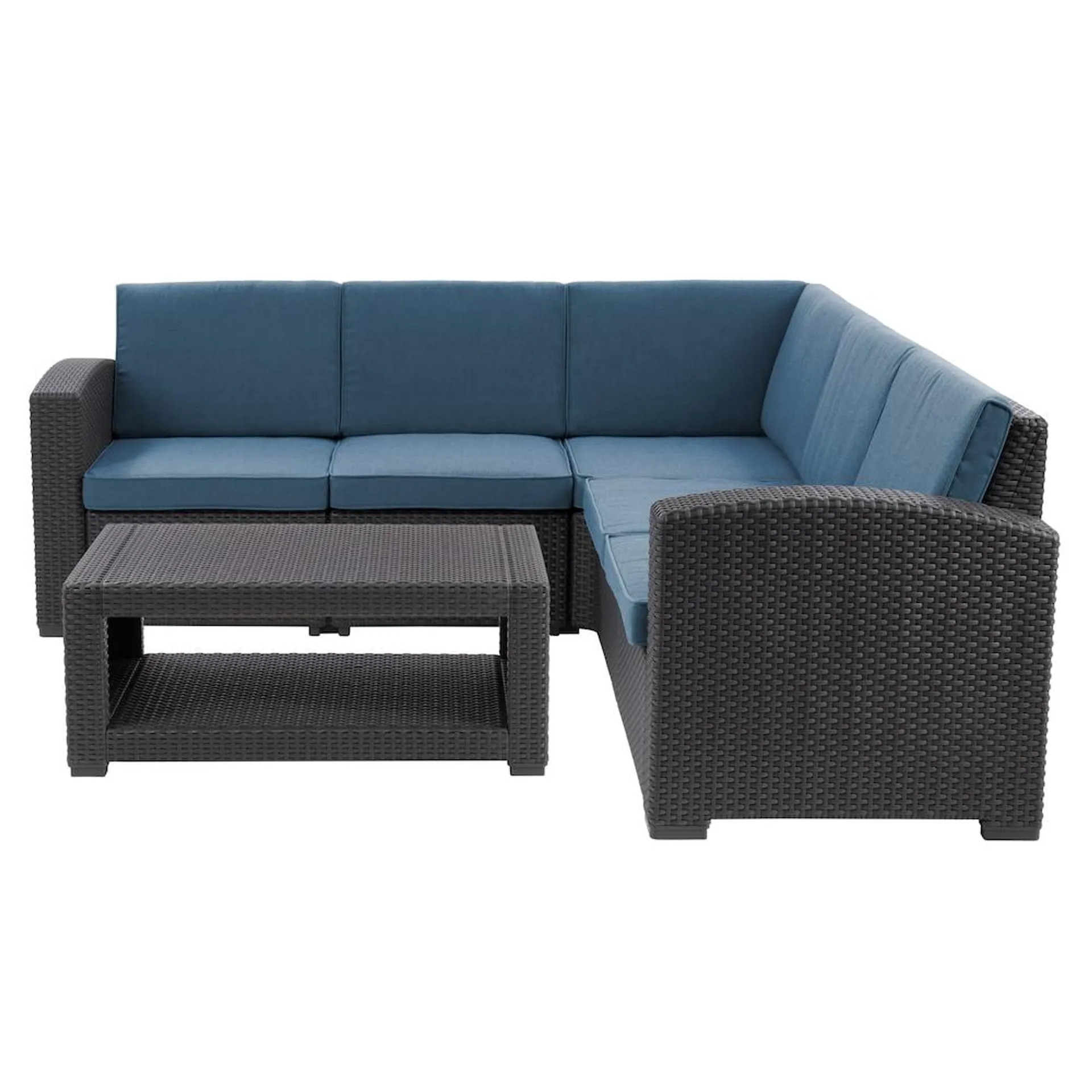 Lake Front Black Rattan Patio Sectional Set in Blue, 6pc