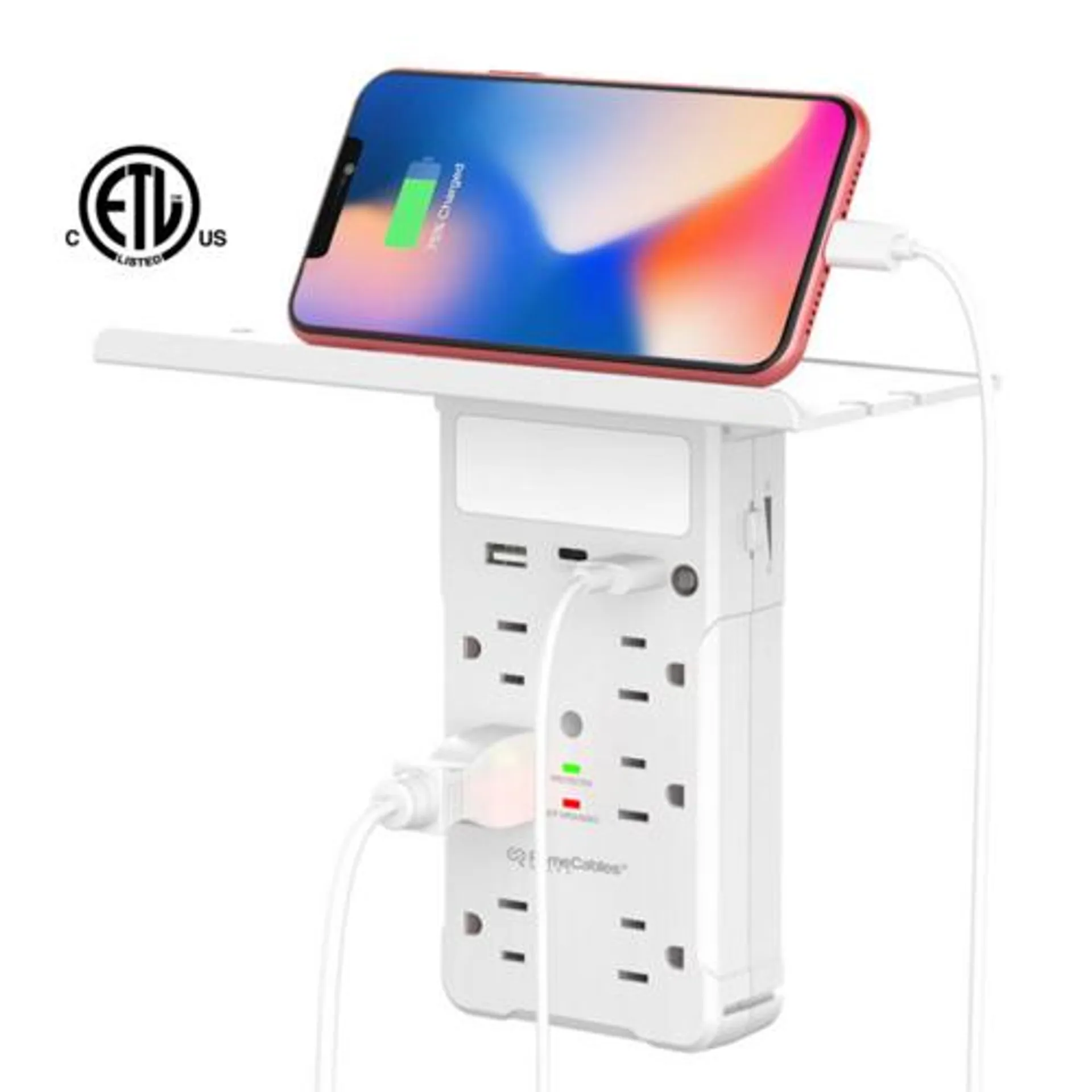 6-Port Surge Protector Wall Outlet with Shelf 2 USB +1 USB-C & Intelligent Light System-PrimeCables®