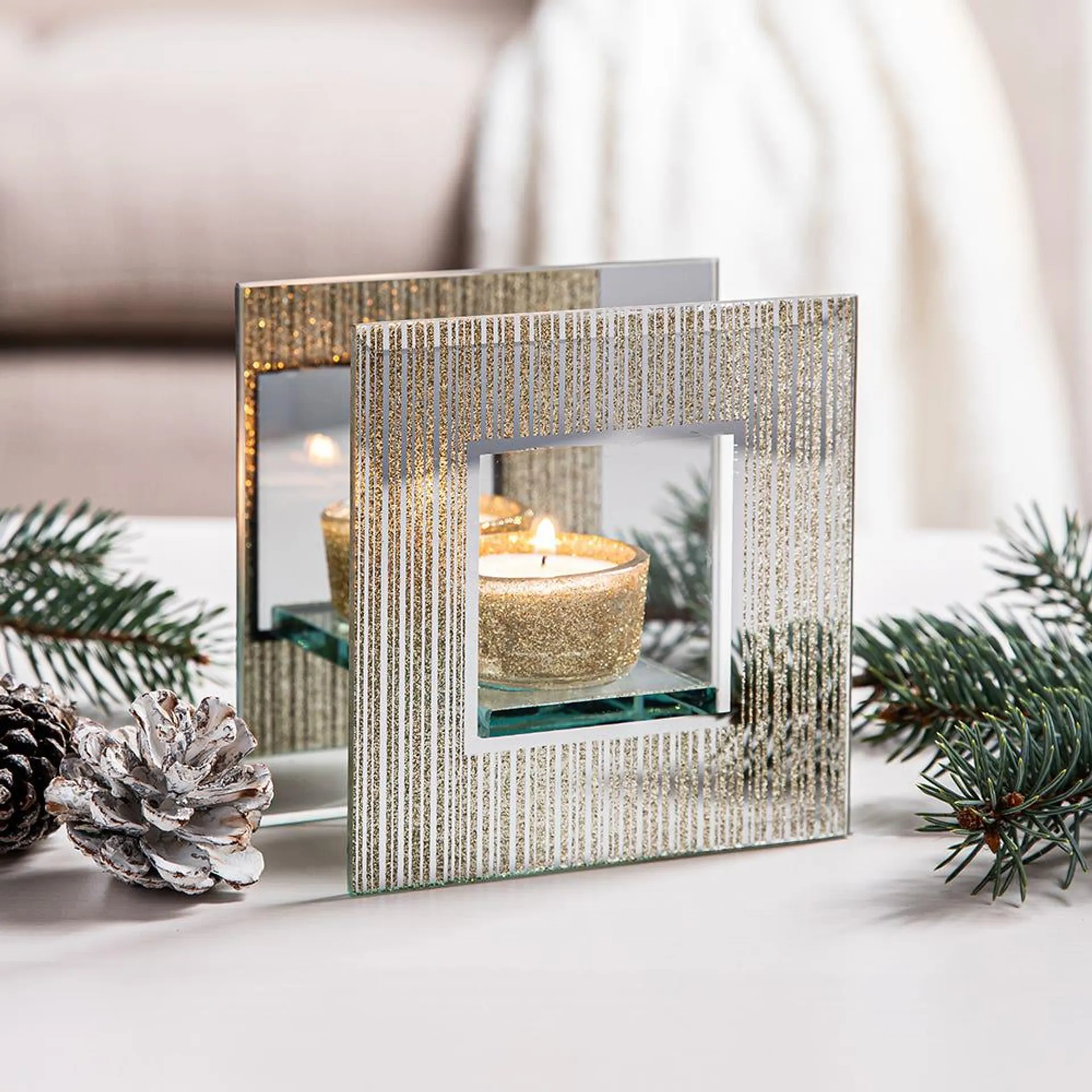KSP Christmas Mirror 'Glitter' Glass Tealight Holder 1-Light (Gold)