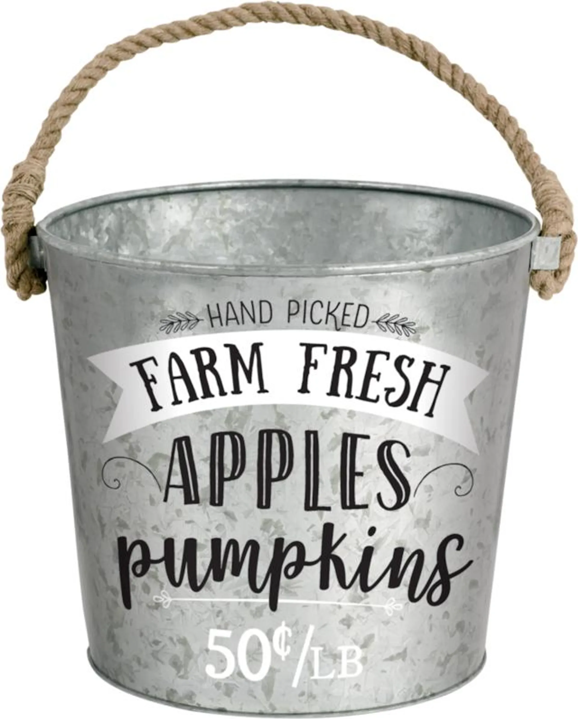 "Fresh Apples & Pumpkins" Galvanized Steel Bucket Silver, 7-in, Indoor/Outdoor Decoration for Fall