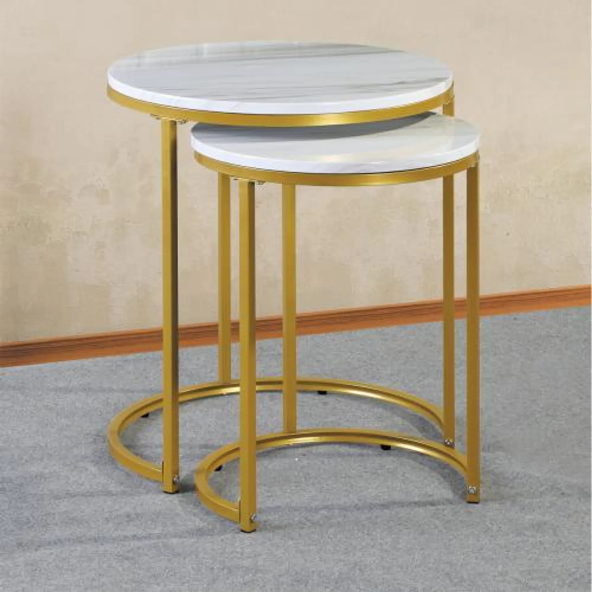 2pc Set Round Coffee Table White/gold Color Frame