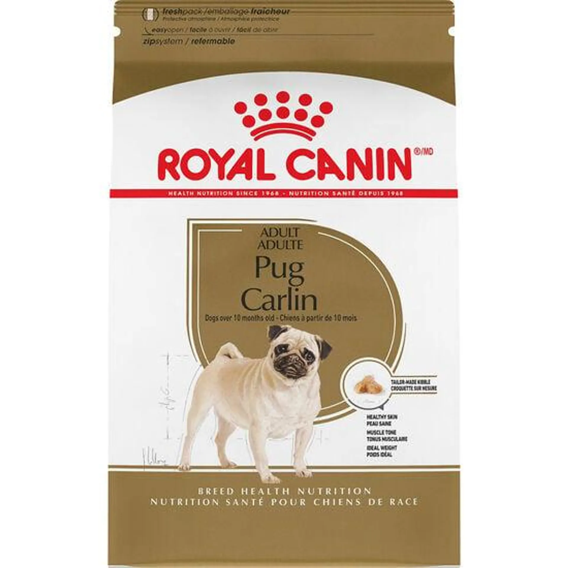 Nourriture sèche formule nutrition santé pour chiens adultes de race Carlin