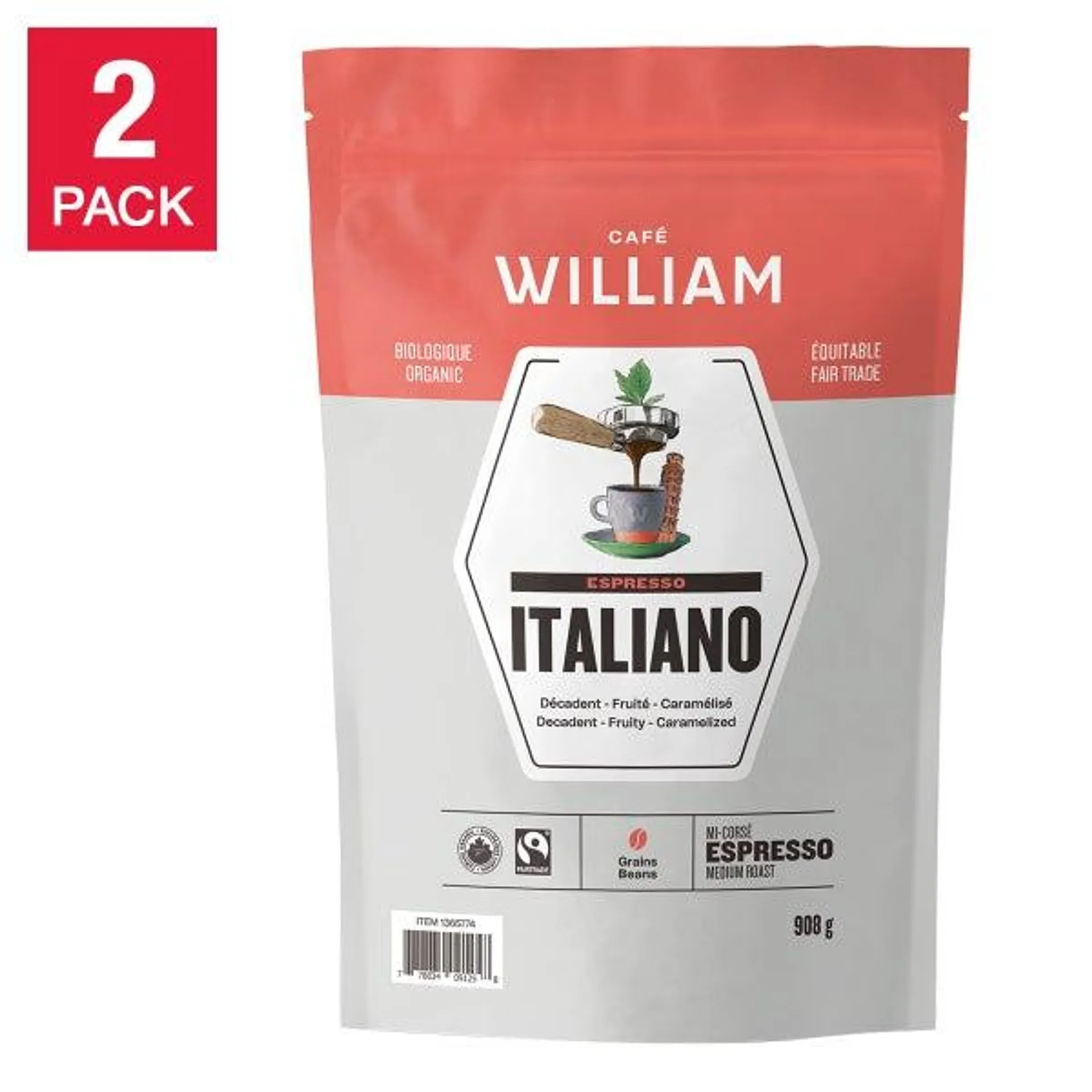 William Spartivento Espresso Italiano Fair Trade and Organic Coffee, 2 x 908 g