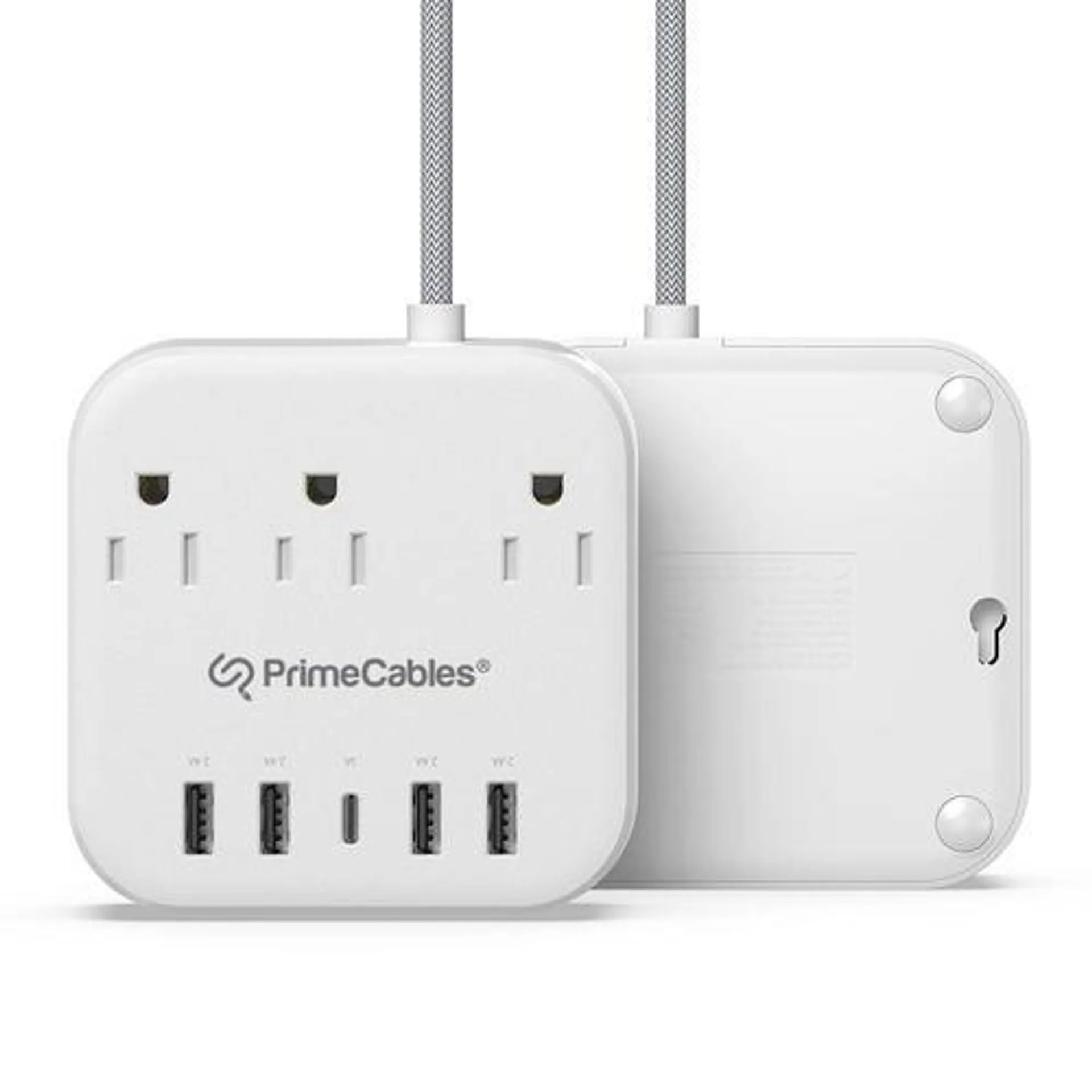 3 Outlets Mini Power Strip with 5 USB Ports, Flat Plug, 5ft Braided Cord - PrimeCables®