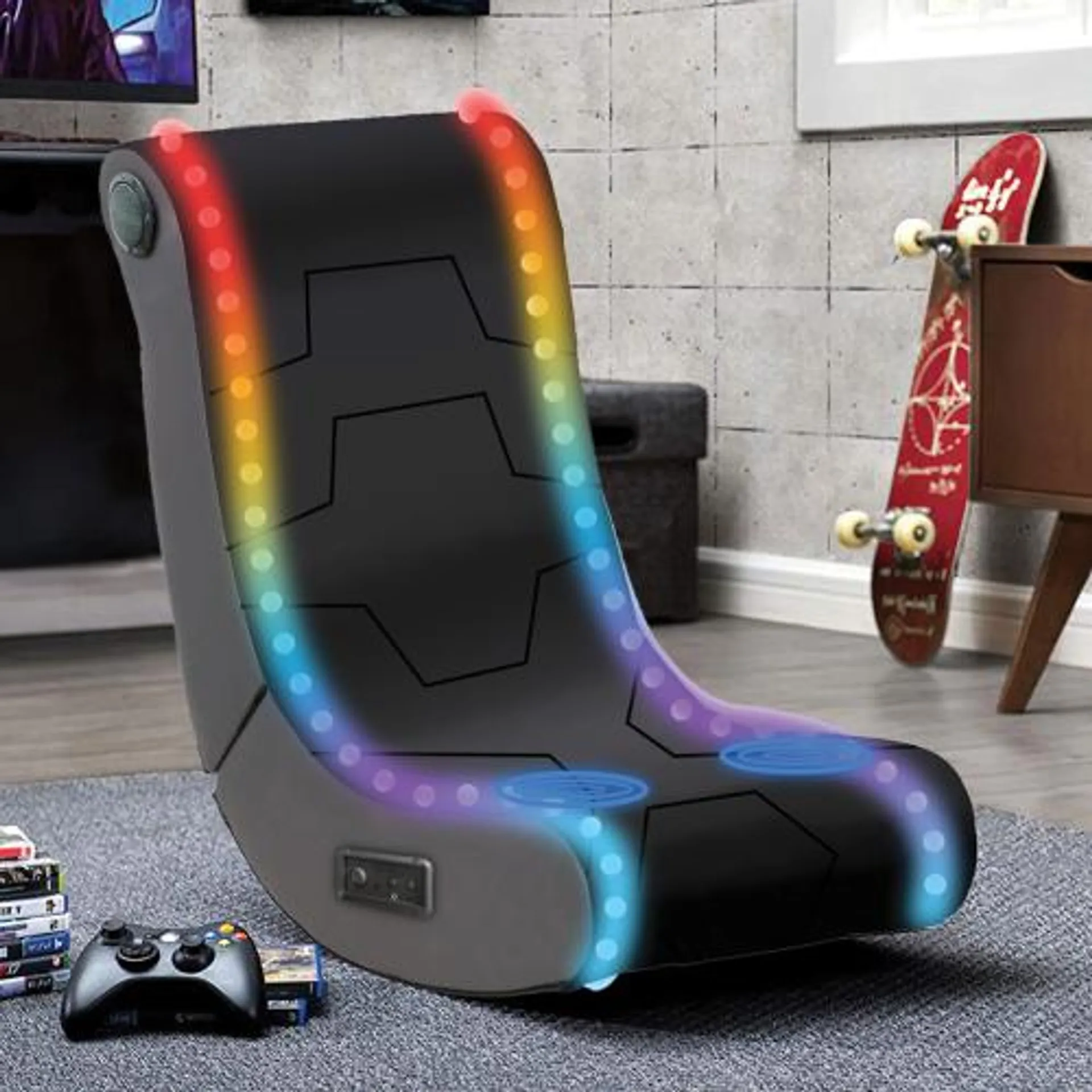 Foldable Floor Rocker Gaming Chair with massager, LED Lights and 2.0 System Speaker