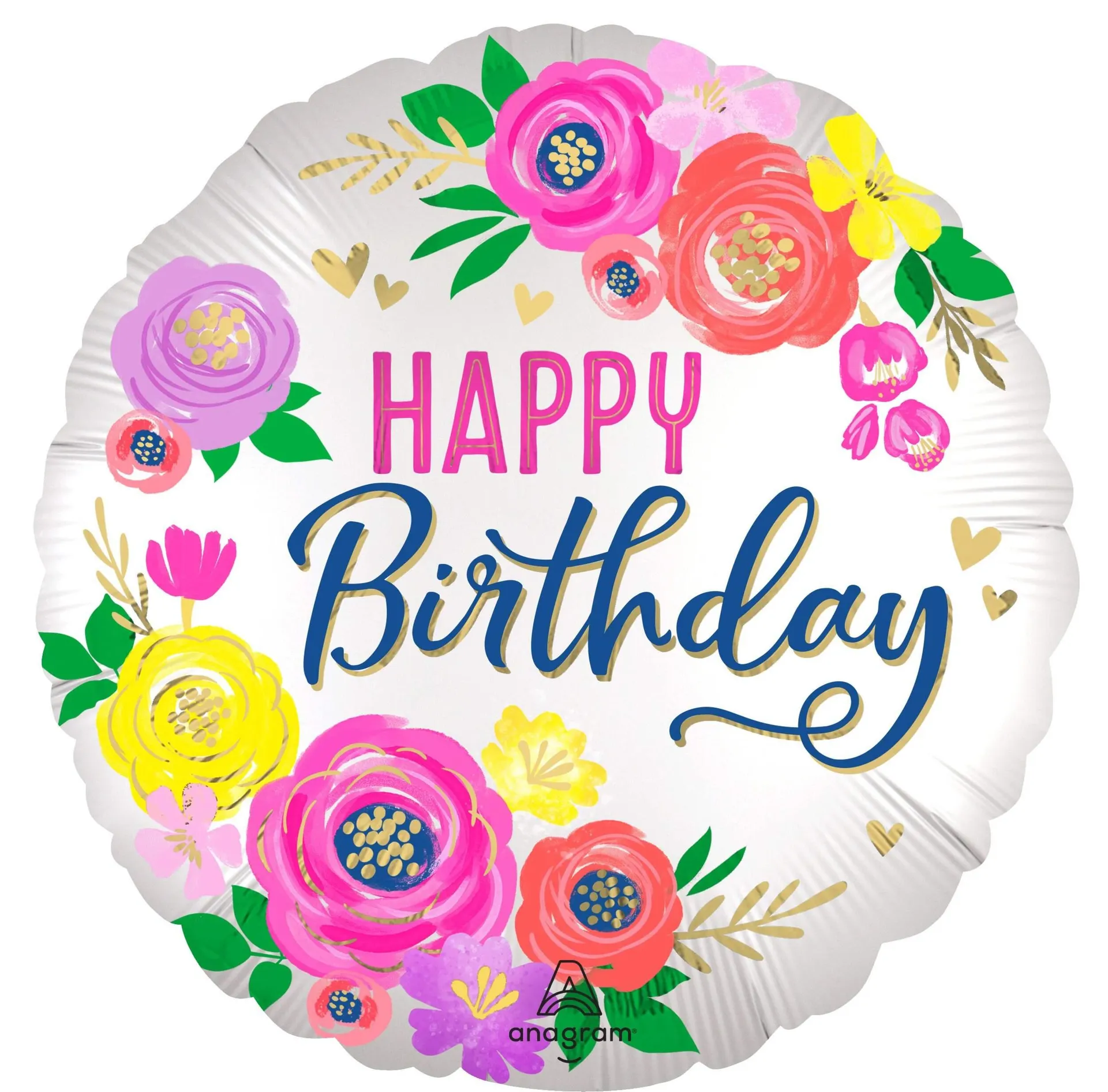 "Happy Birthday" Round Satin Foil Balloon, Multi-Coloured, Floral, 18-in, Helium Inflation & Ribbon Included for Birthday Party