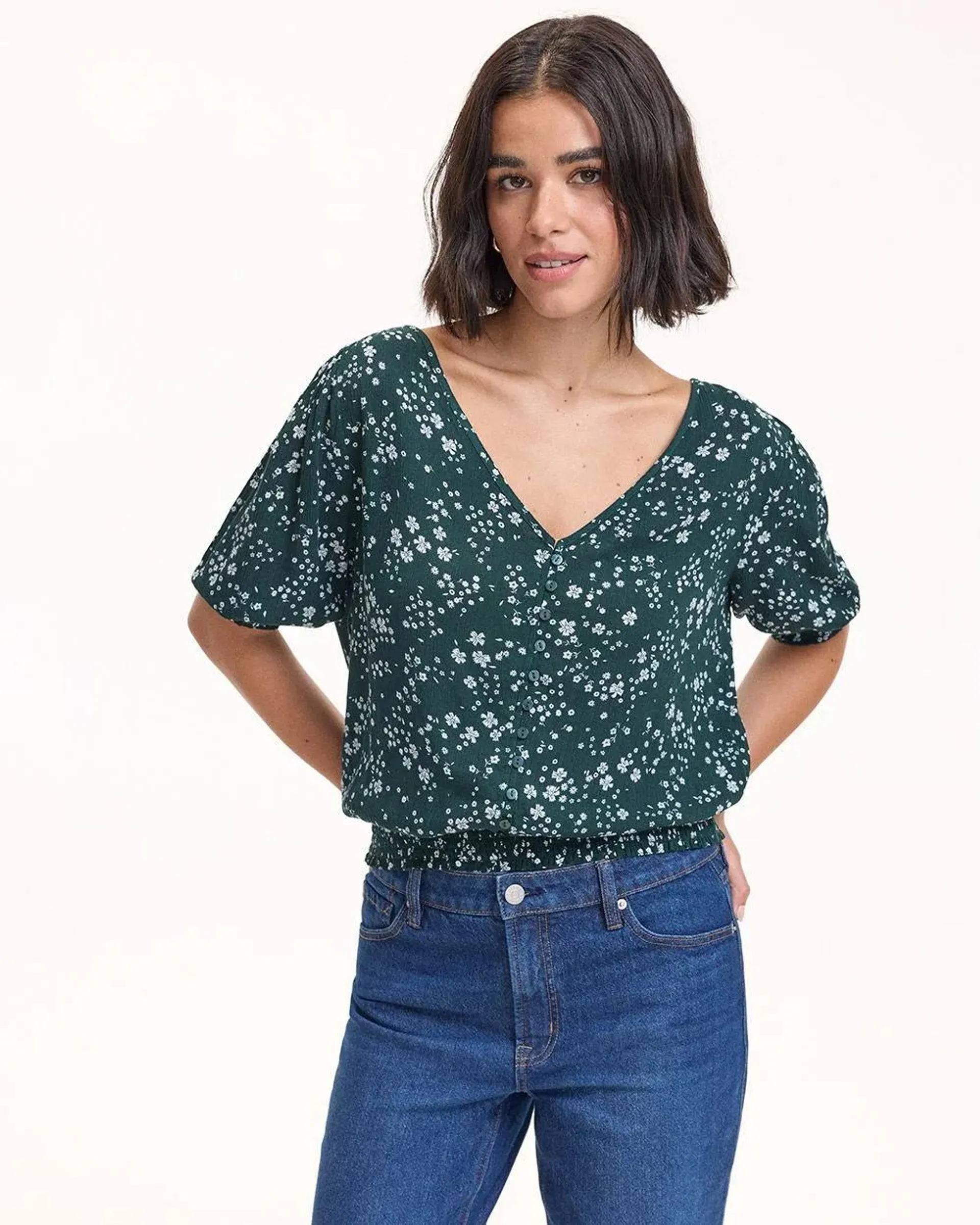 3/4-Sleeve Blouse with V Neckline