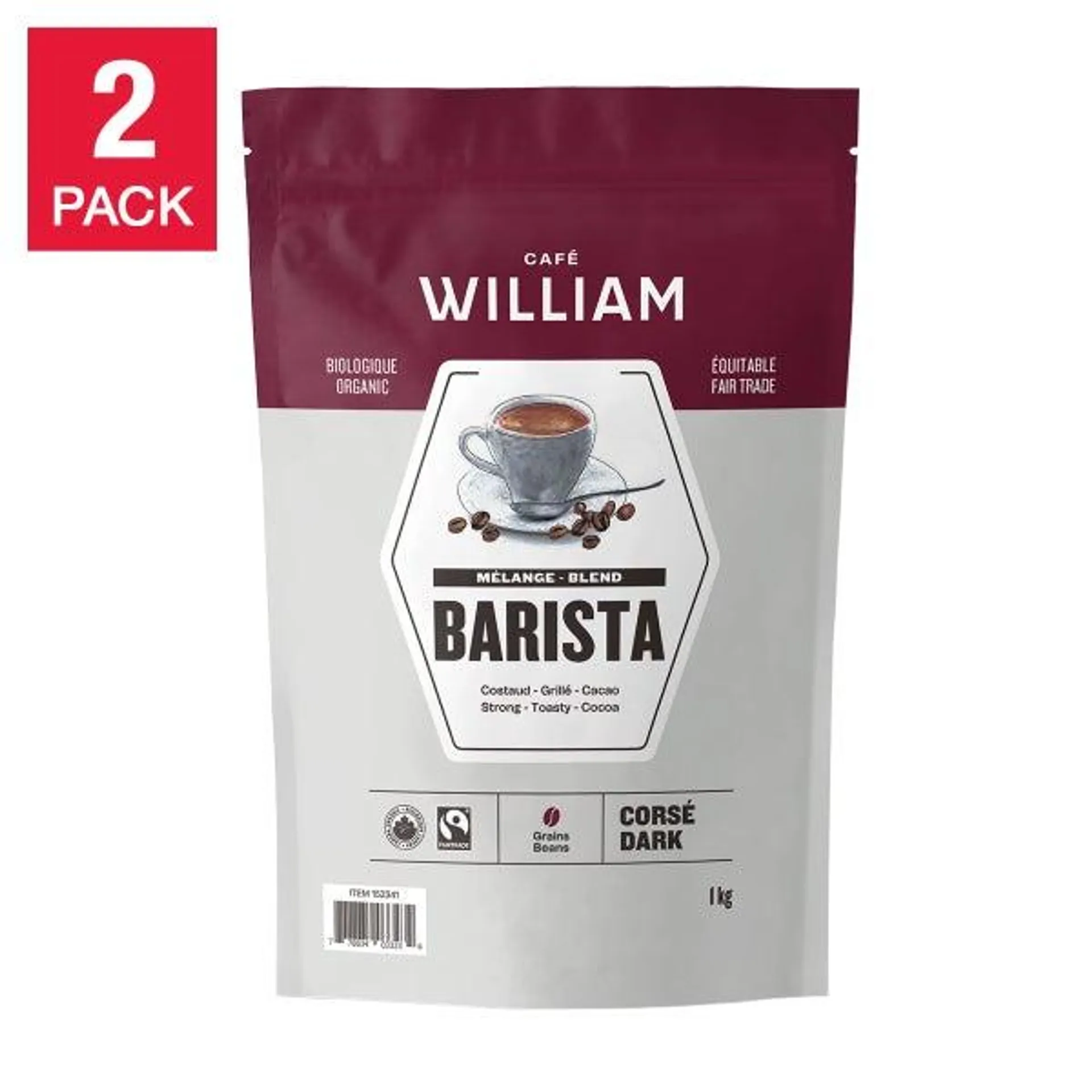 William Spartivento Espresso Barista Dark Roast Fair Trade and Organic Whole Bean Coffee, 2 x 1 kg