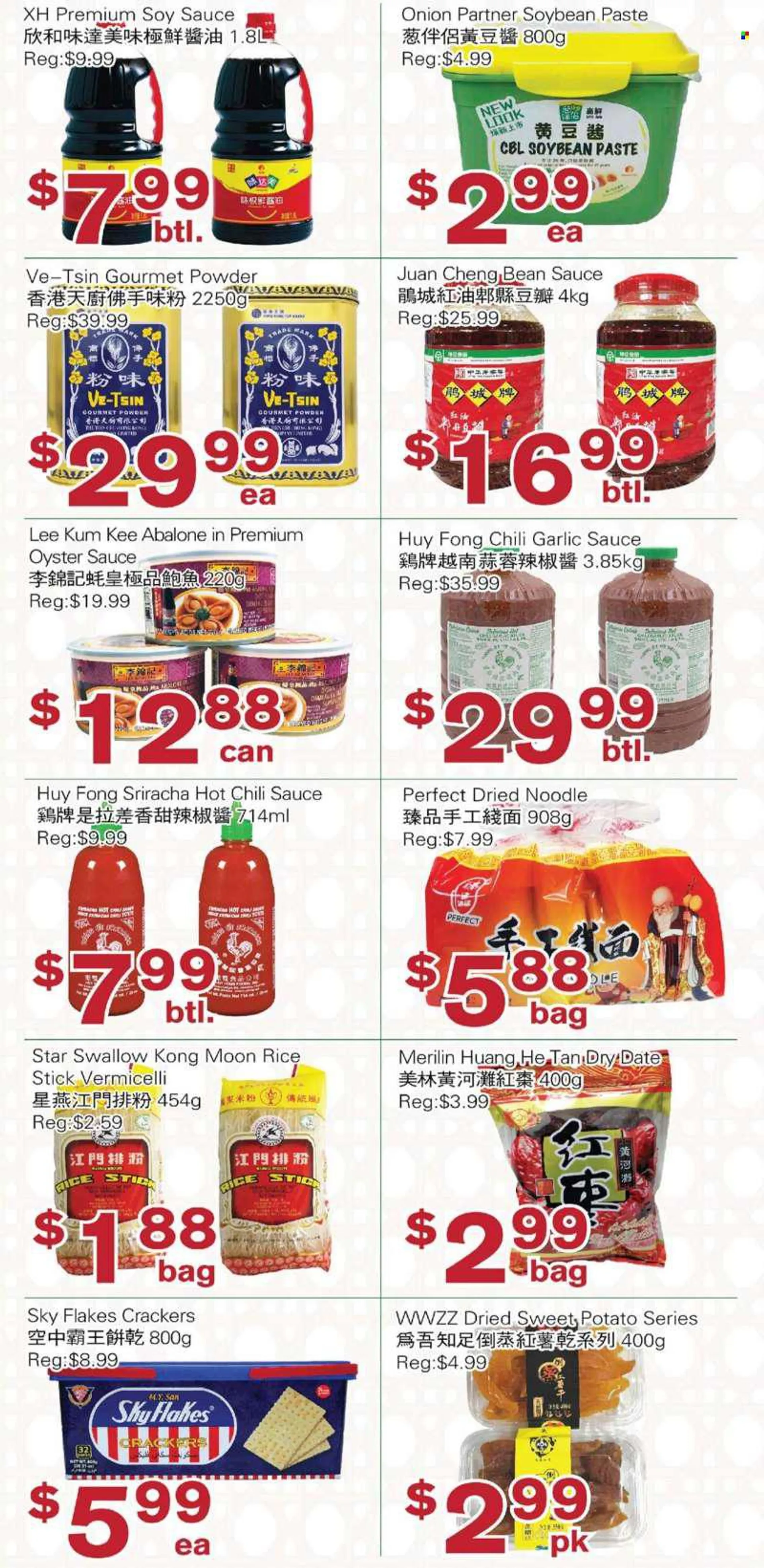 First Choice Supermarket Flyer - August 05, 2022 - August 11, 2022 - Sales products - sweet potato, onion, oysters, abalone, sauce, noodles, crackers, rice, soy sauce, sriracha, oyster sauce, chilli sauce, Lee Kum Kee, garlic sauce. Page 3.