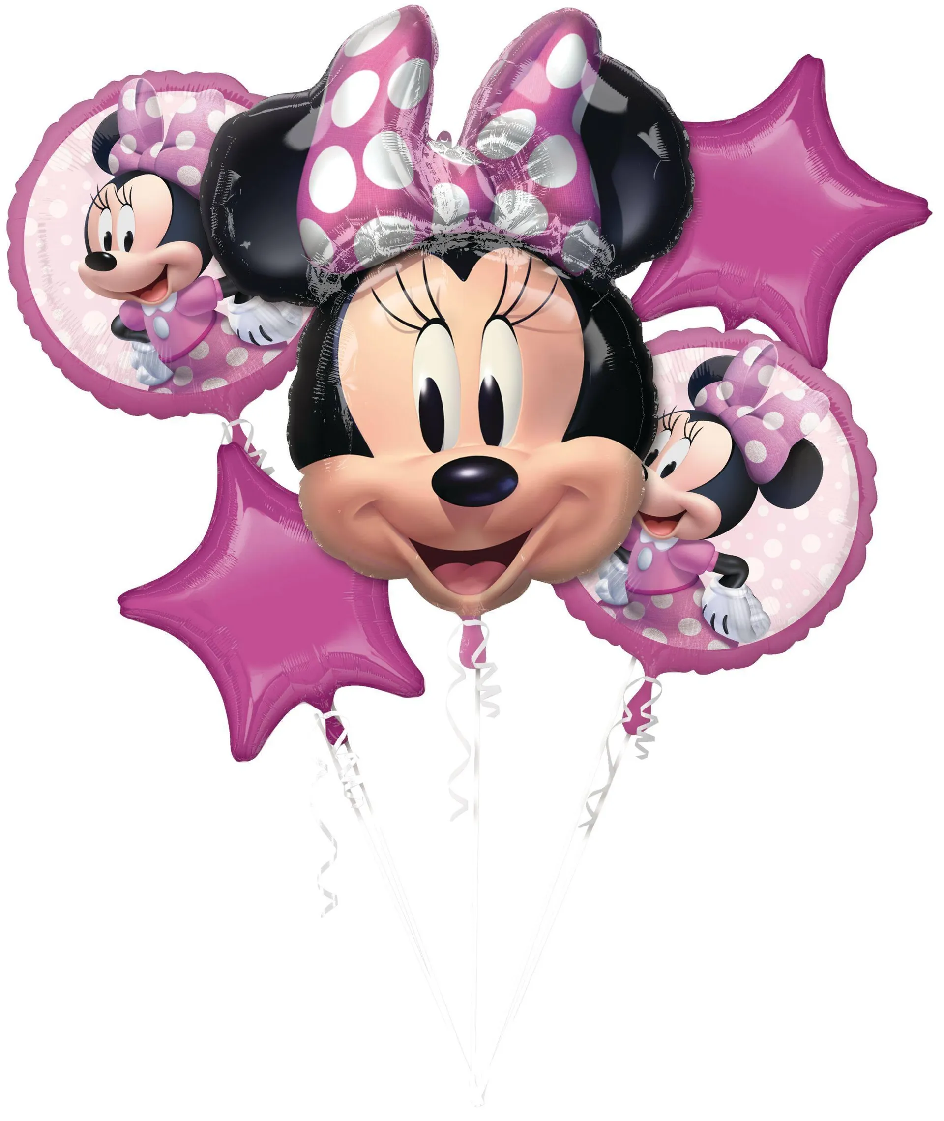 Disney Minnie Mouse Star/Round Satin Foil Balloon Bouquet, Pink/Black, Polka Dot, 5-pk, Helium Inflation & Ribbon Included for Birthday Party