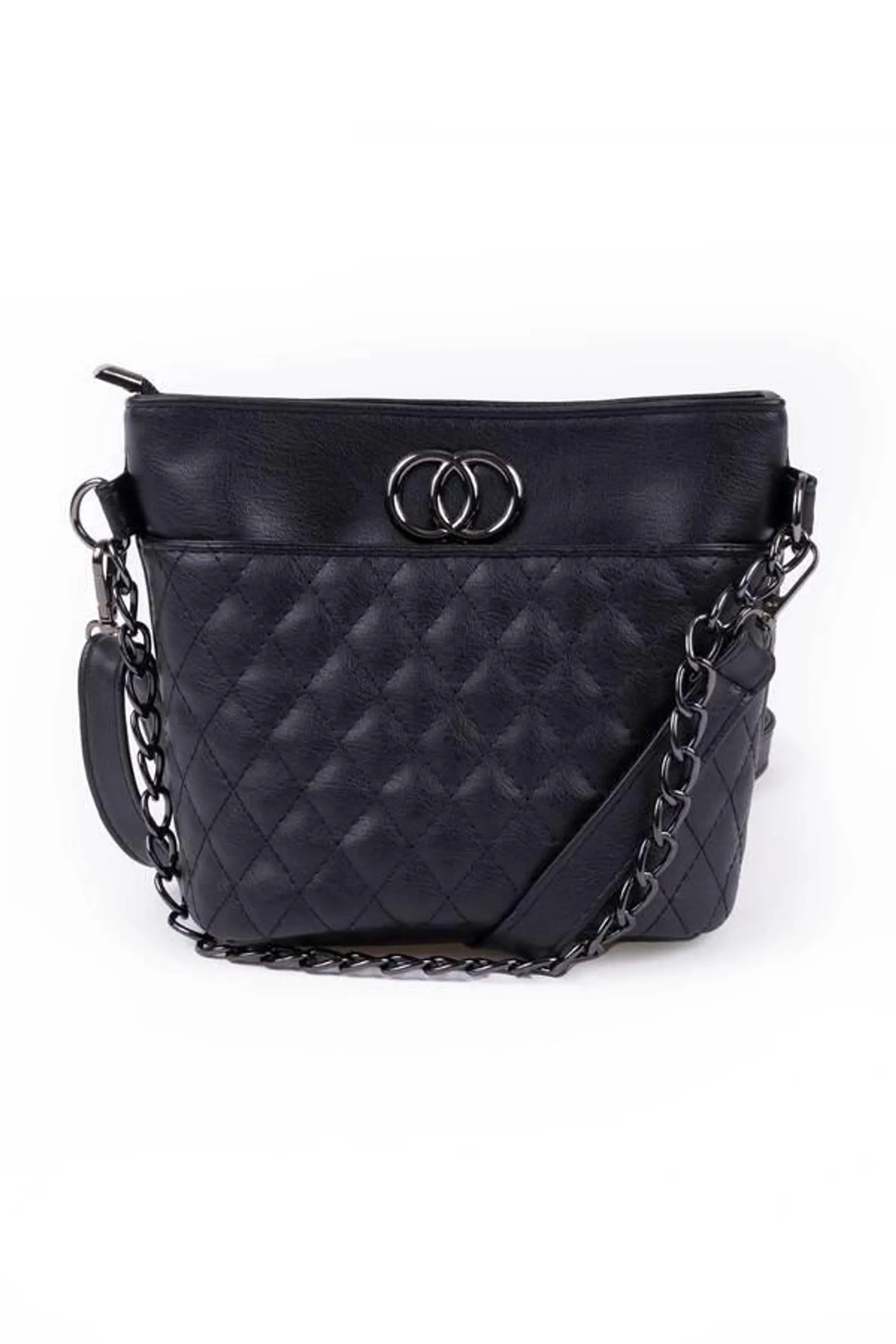 Quilted fashion bucket-style bag with metal chain strap