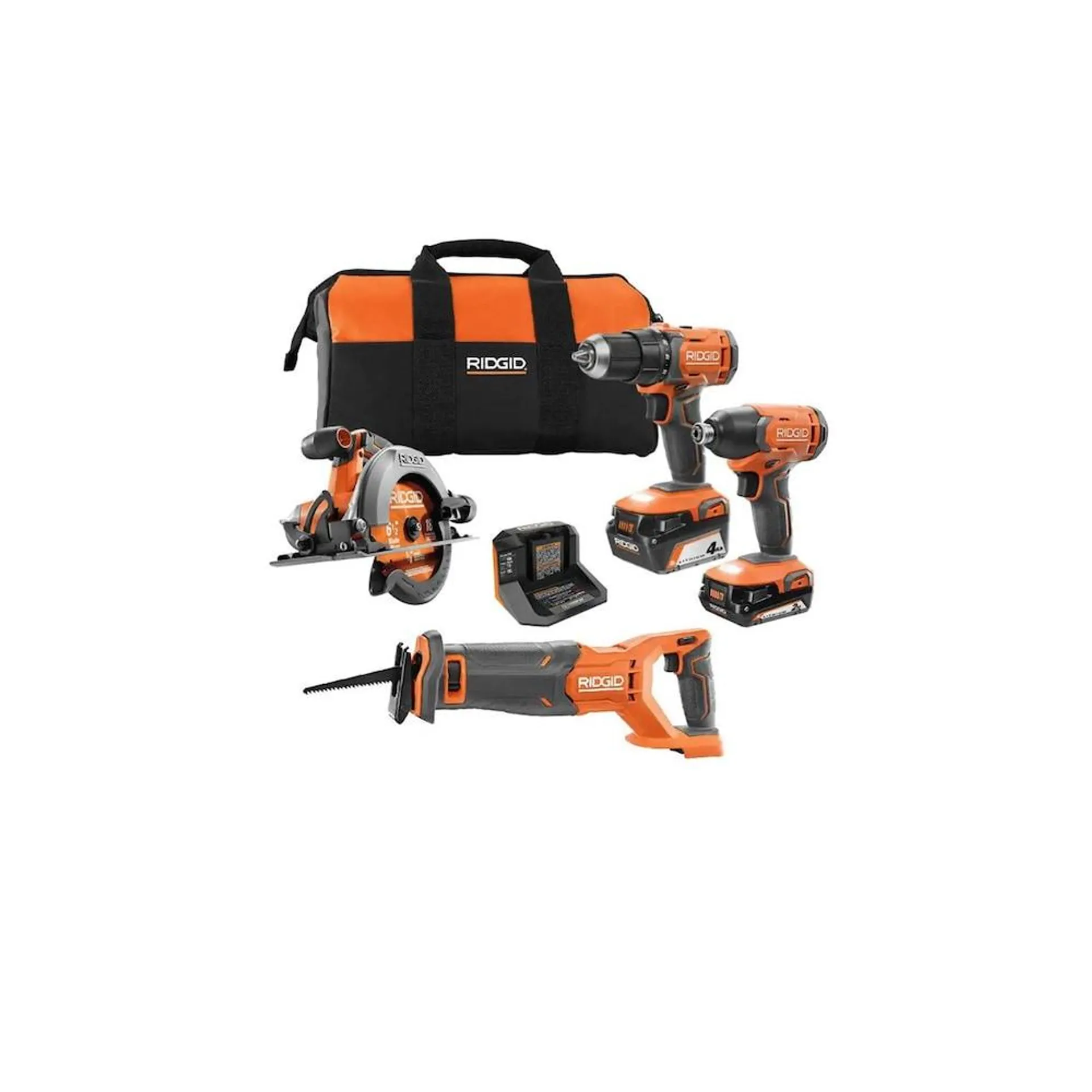 18V Cordless 4-Tool Kit with 4.0 Ah Battery, 2.0 Ah Battery, Charger, and Bag
