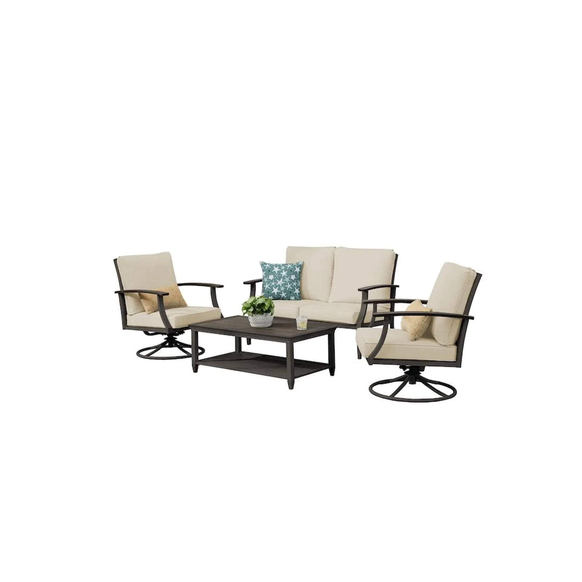 Marina Point 4-Piece Brown Steel Outdoor Patio Conversation Seating Set with CushionGuard Almond Biscotti Cushions