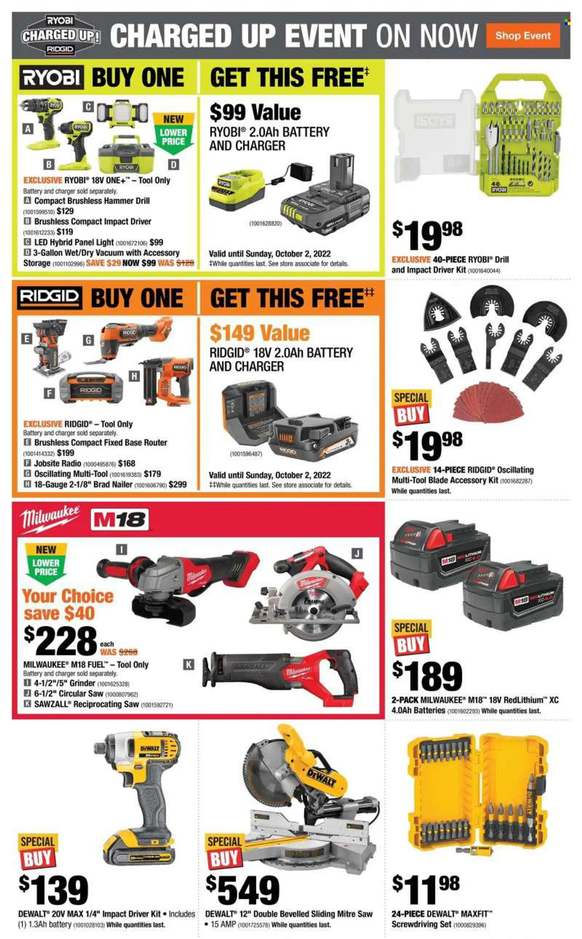 The Home Depot Flyer - August 11, 2022 - August 17, 2022 - Sales products - gallon, router, vacuum cleaner, Milwaukee, DeWALT, drill, impact driver, Ridgid, Ryobi, grinder, circular saw, saw, reciprocating saw, nailer. Page 16.