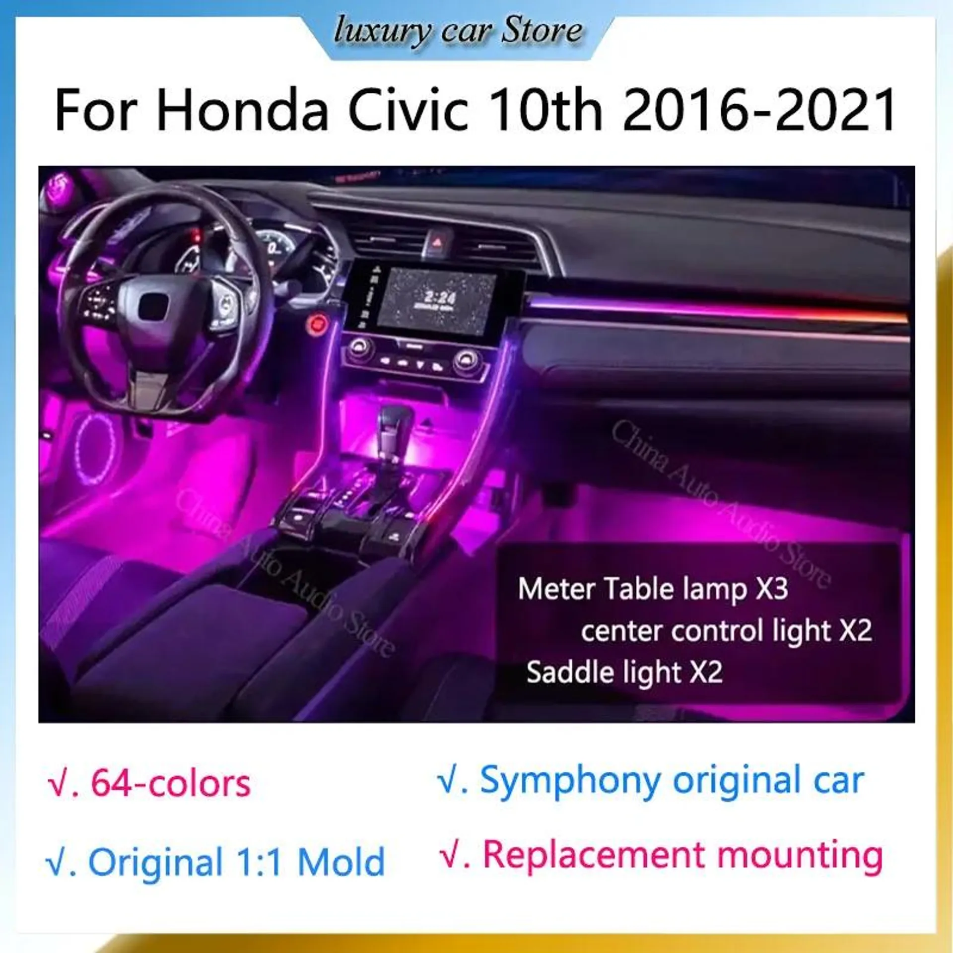 64 colors LED Ambient Light For Honda Civic 10th 2016-2021 Dynamic Ambience Lamp Button +APP Control