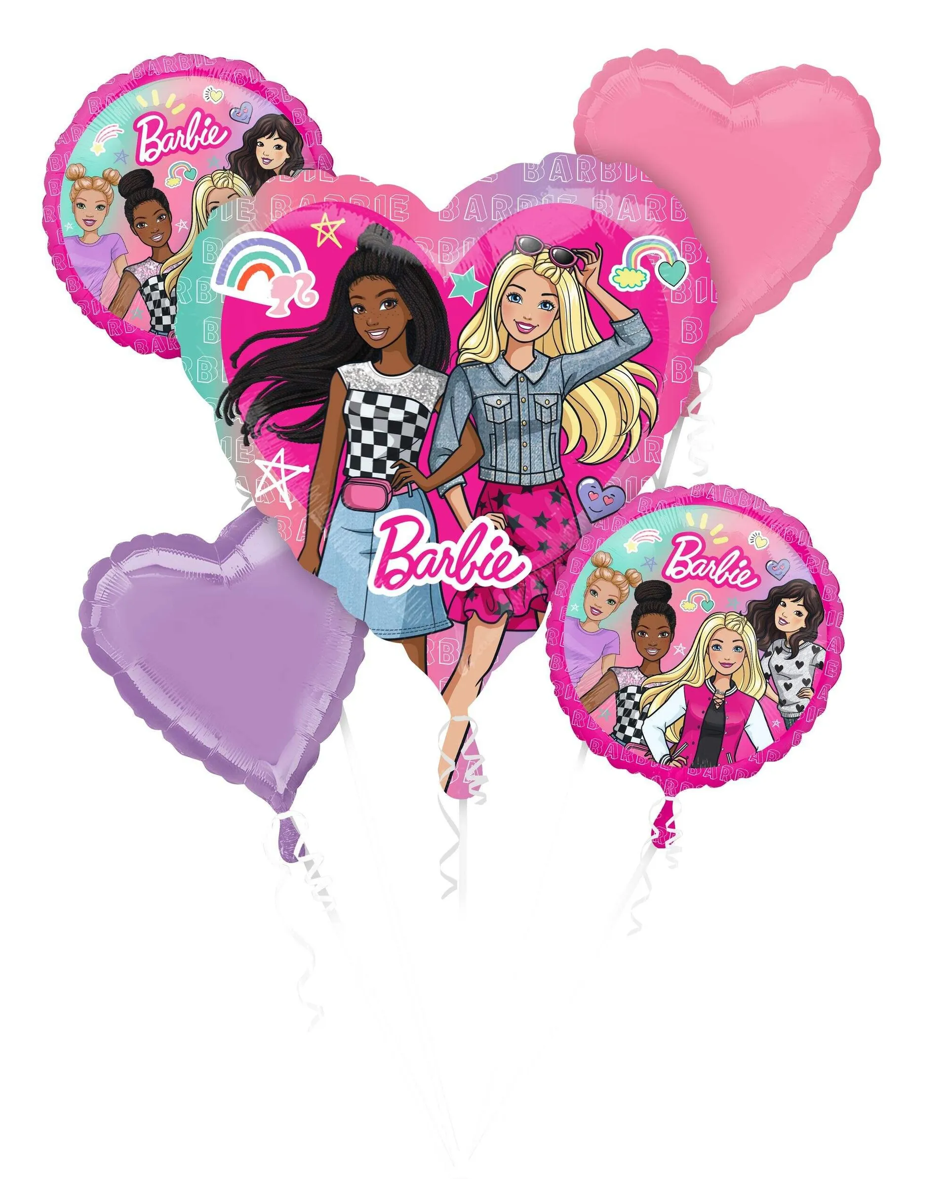 Mattel Barbie Heart/Round Satin Foil Balloon Bouquet, Pink/Purple, 5-pk, Helium Inflation & Ribbon Included for Birthday Party