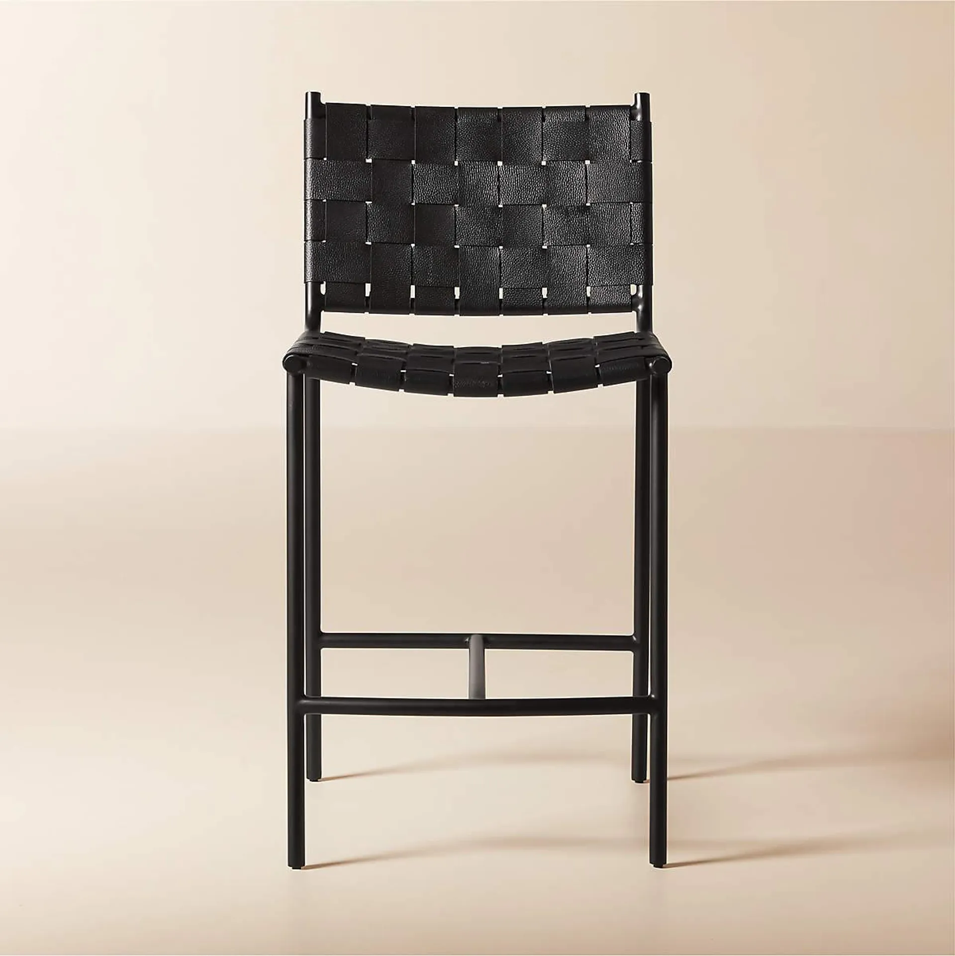 Woven Black Leather Counter Stool