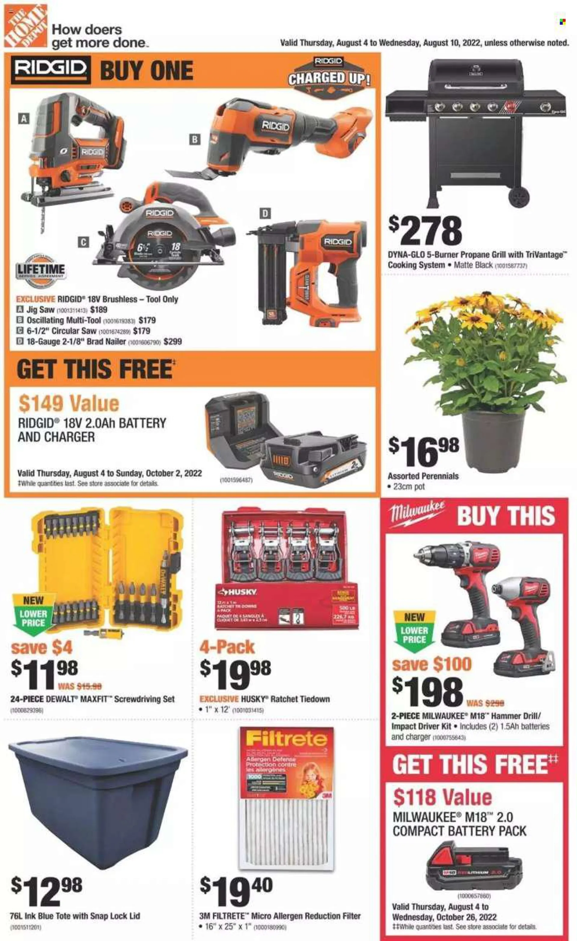 The Home Depot Flyer - August 04, 2022 - August 10, 2022 - Sales products - lid, pot, Filtrete, Milwaukee, DeWALT, drill, impact driver, Ridgid, circular saw, saw, jig saw, nailer, grill, deodorant. Page 1.
