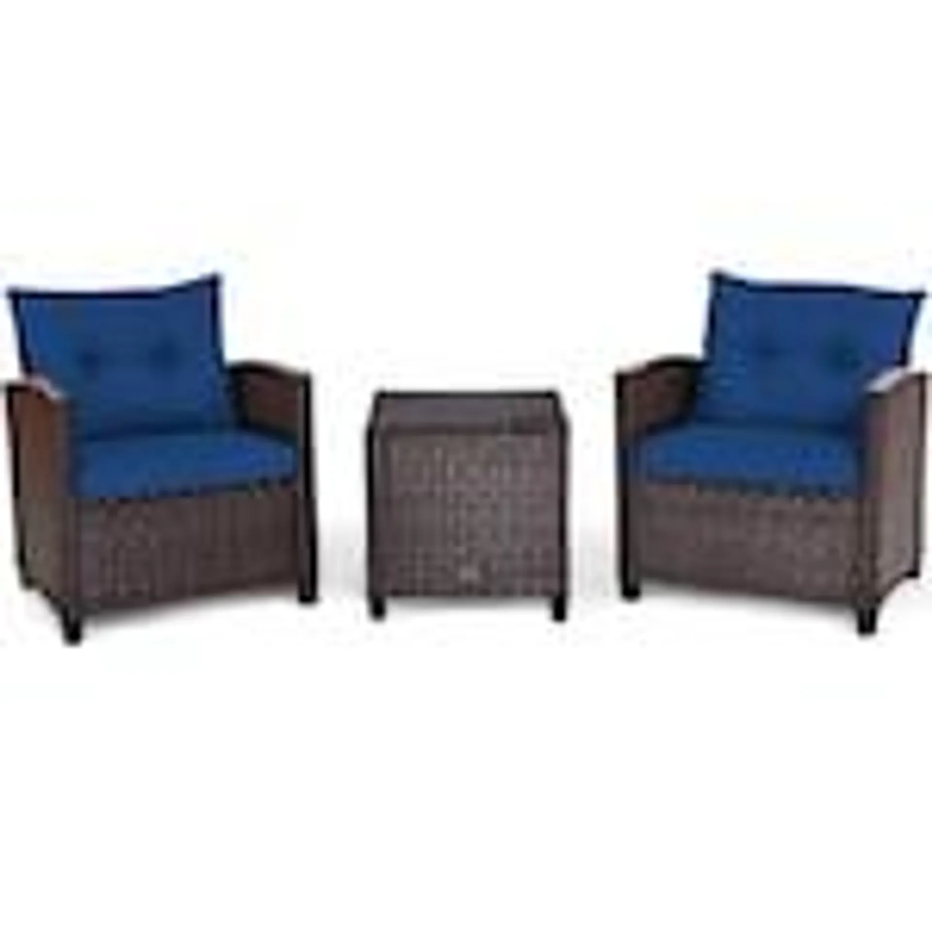 3PCS Patio Rattan Furniture Set Cushioned Conversation Set Coffee Table Navy