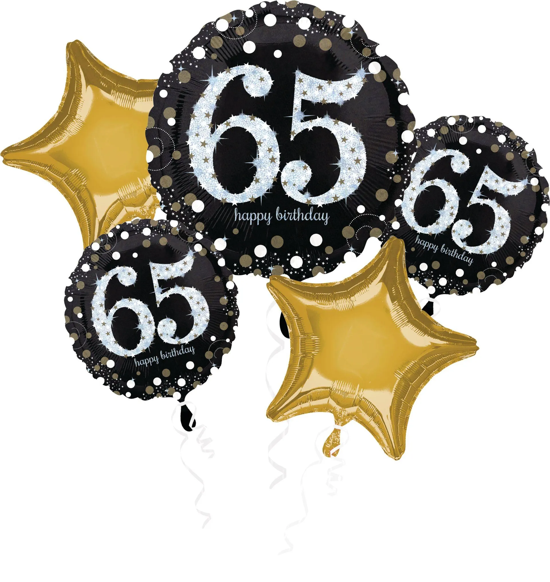 Sparkling Celebration "Happy 65th Birthday" Star Satin Foil Balloon Bouquet, Black/Gold, 5-pk, Helium Inflation & Ribbon Included for Birthday Party