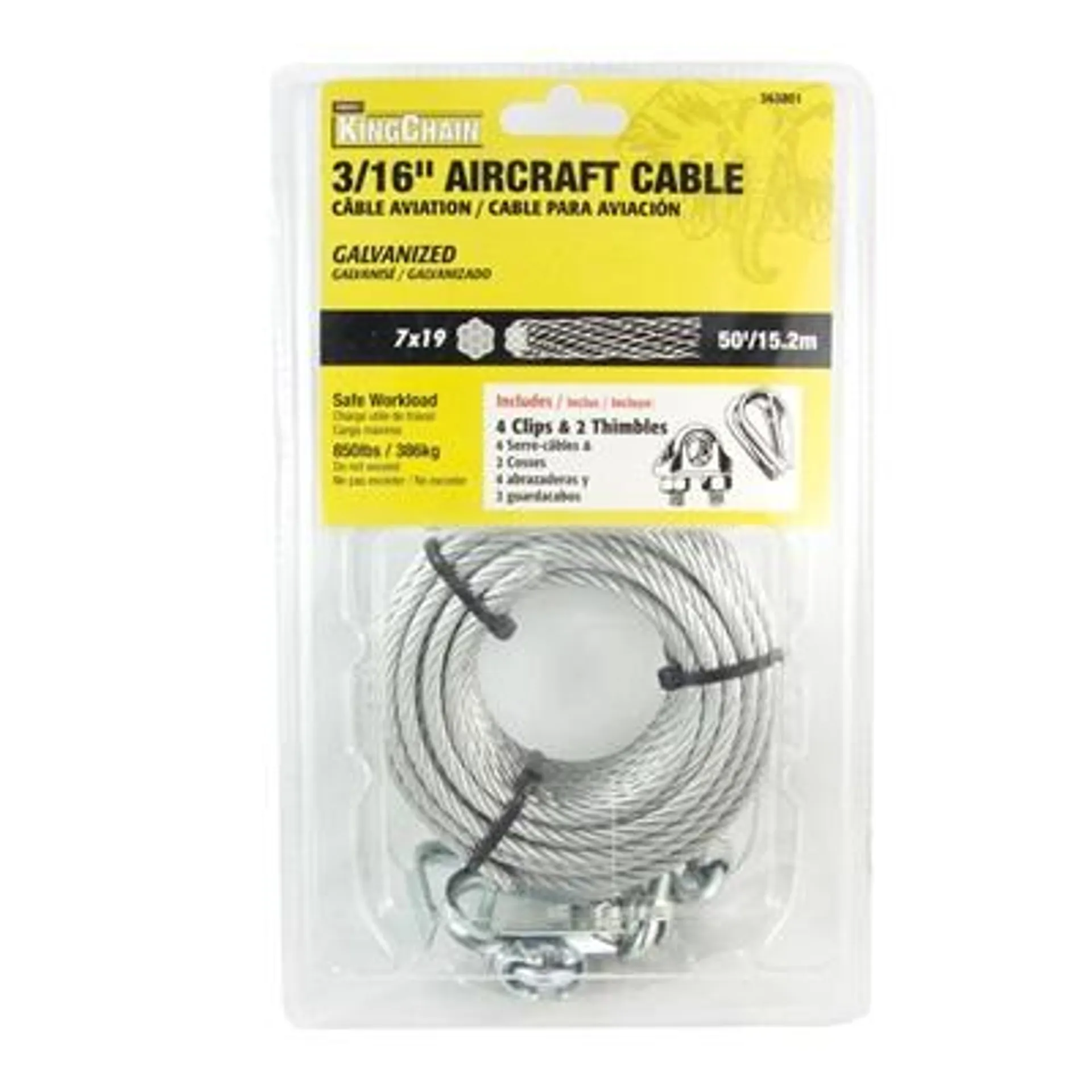 Aircraft Cable 3/16" x 50', 7 x 19 PKG - GALVANIZED