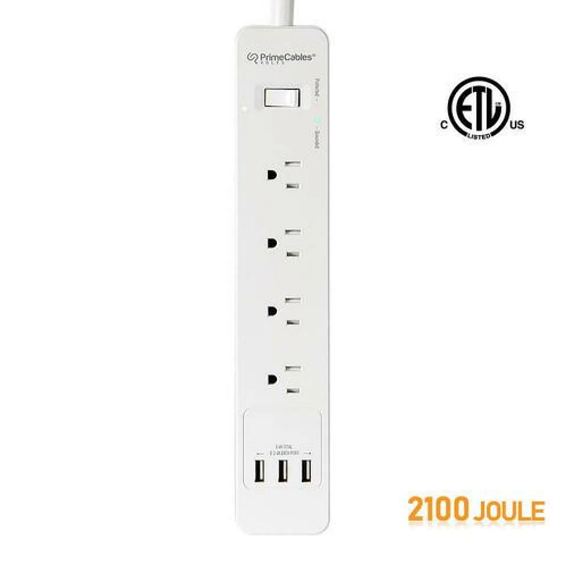 4 Outlet Type 3 Surge Protector Power Strip with 3 USB Ports, 2100 Joule, 1.5M Cord - PrimeCables®