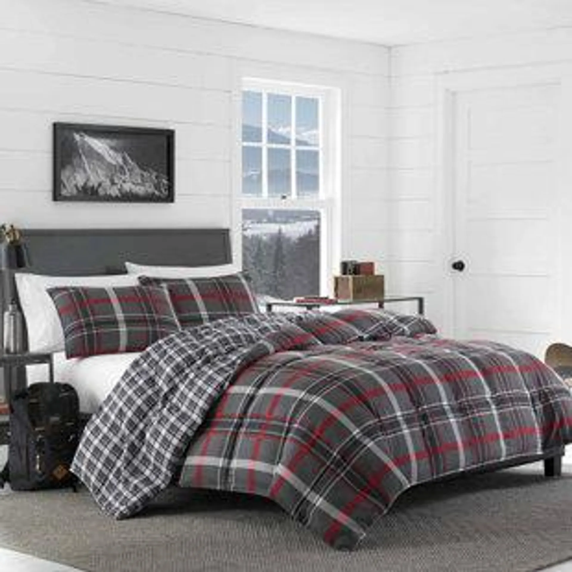 Willow Plaid Grey/Red Microfiber Reversible Farmhouse/Country Comforter Set