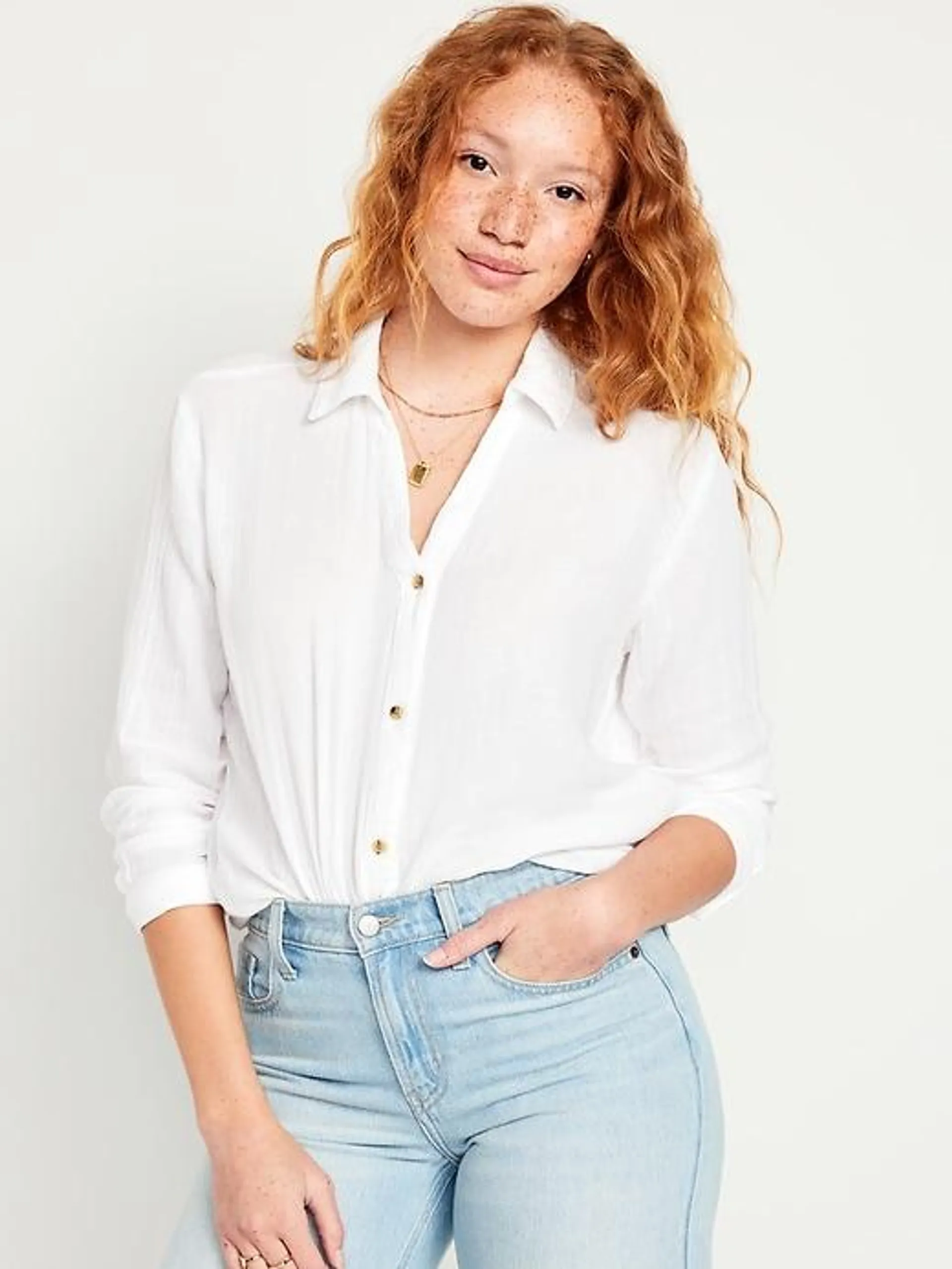 Crinkle Gauze Button-Down Boyfriend Shirt