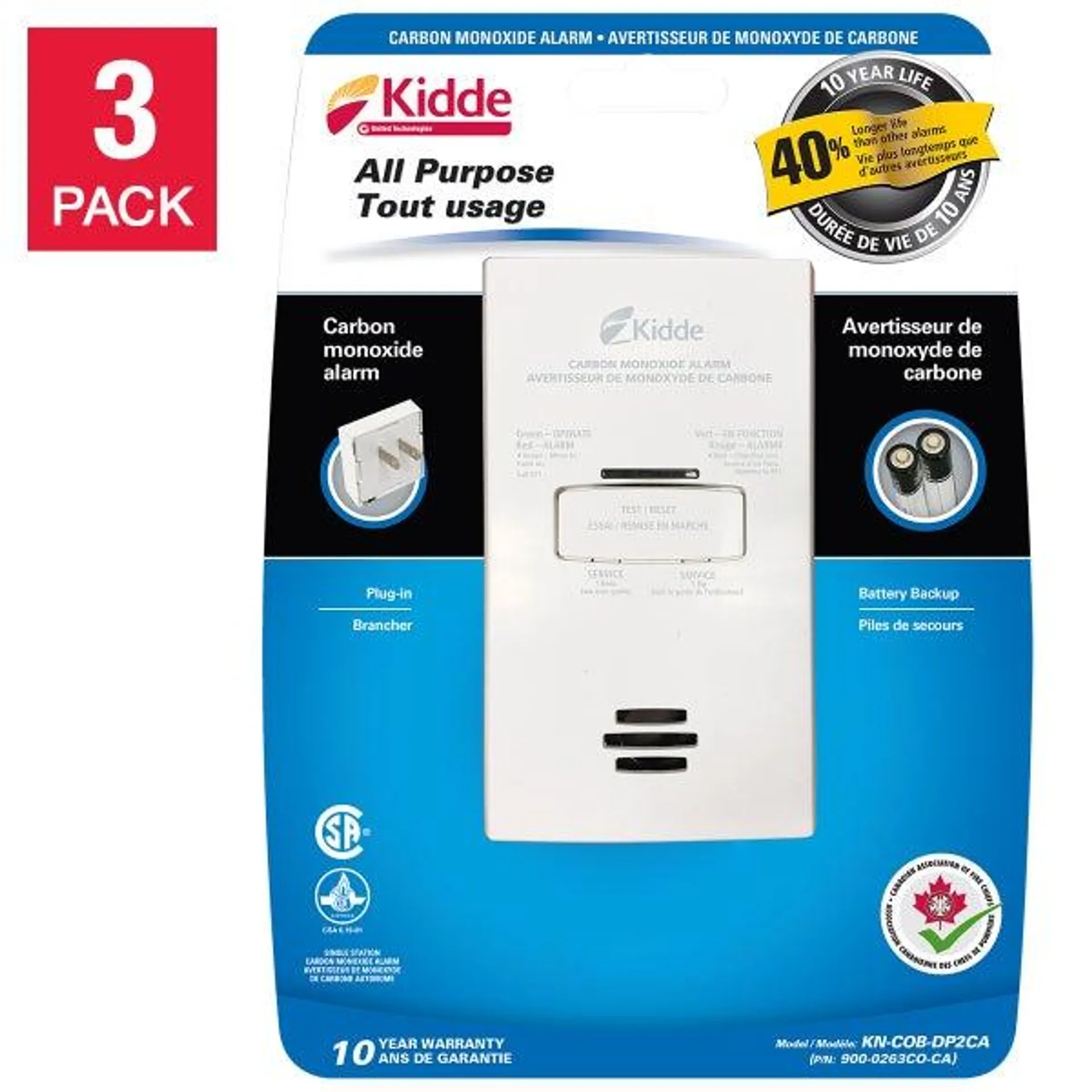 Kidde Plug-in Carbon Monoxide Alarm with Battery Back-Up, 3-pack