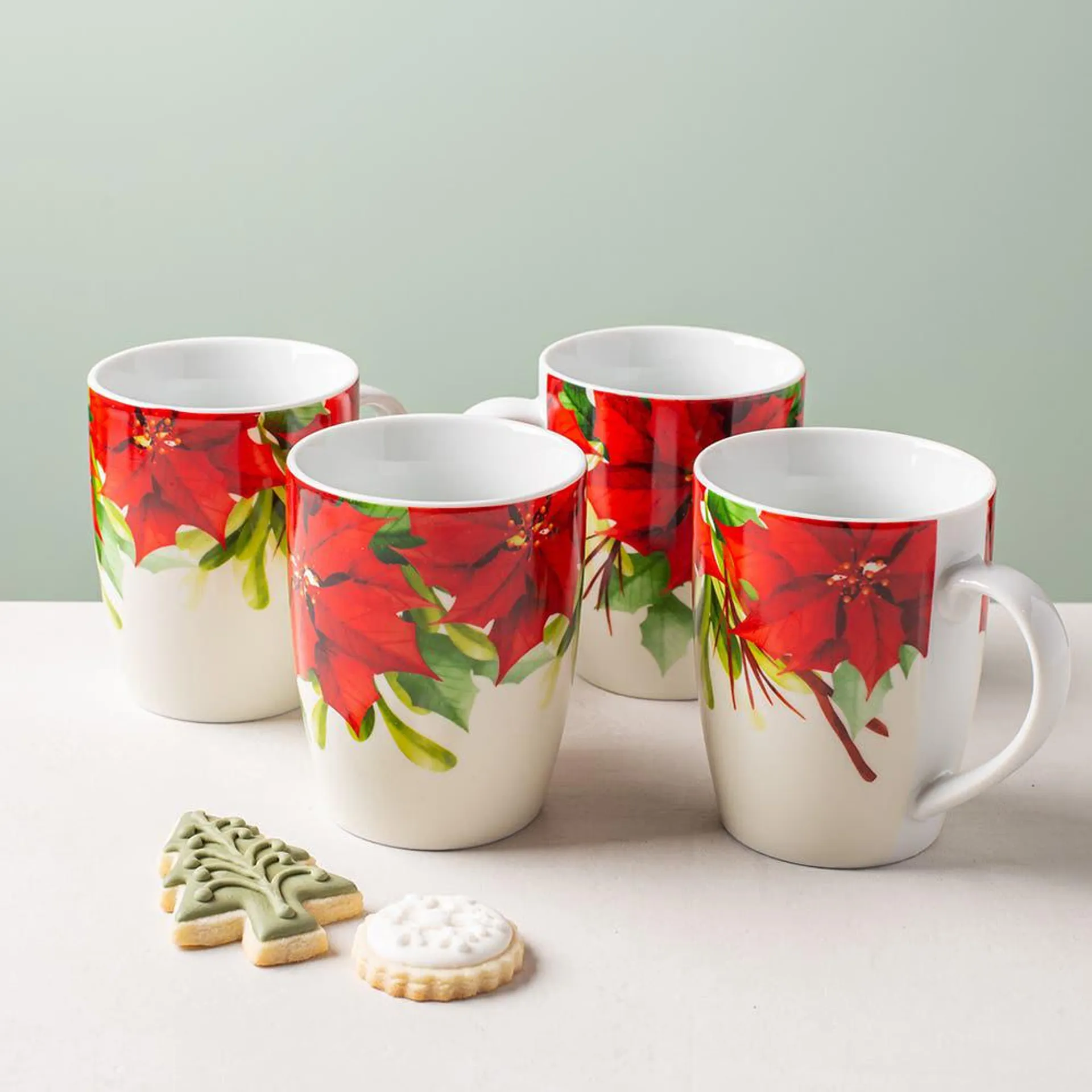 KSP Christmas Decal 'Poinsettia' Porcelain Mug - Set of 4