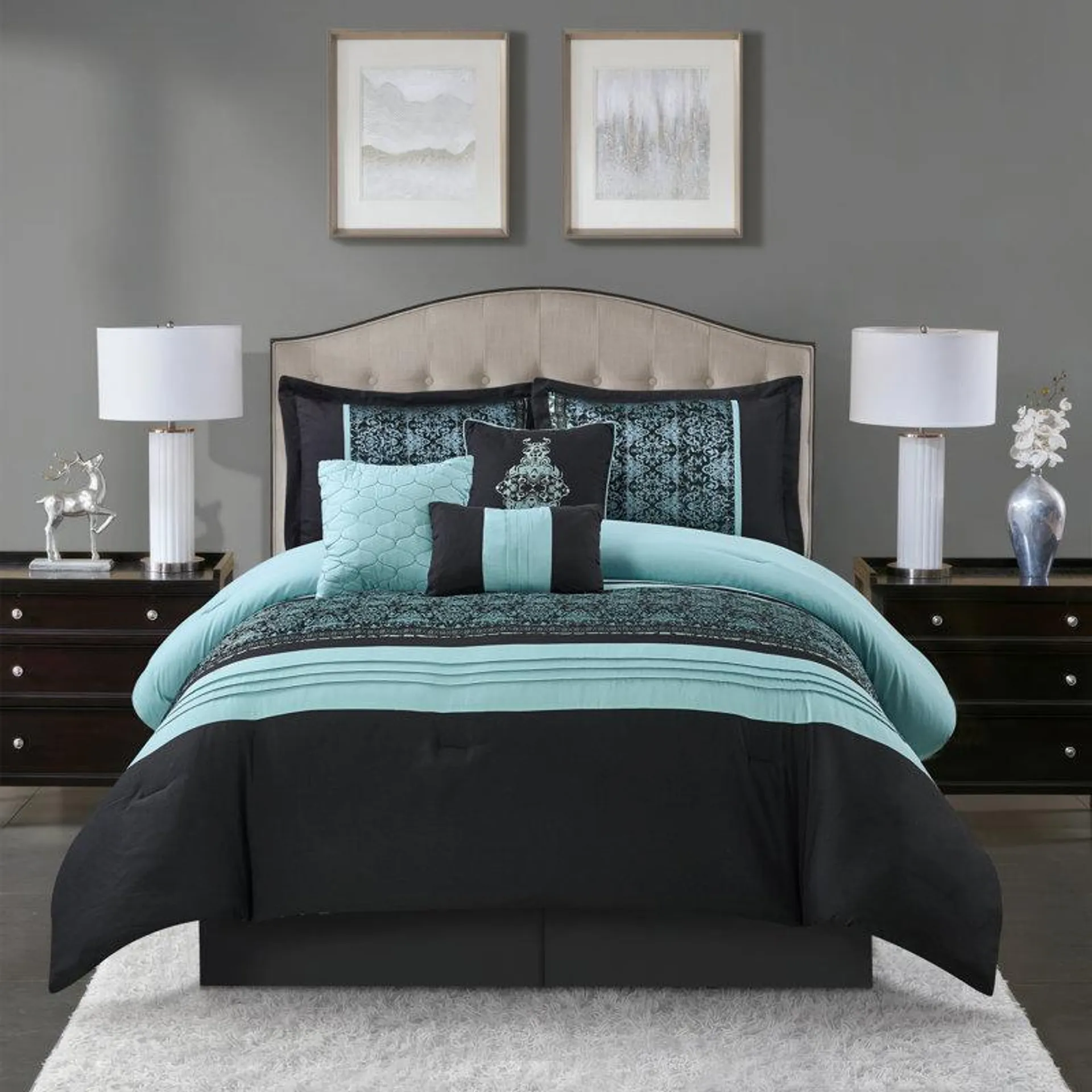 Charley Aqua/Black Microfiber 7 Piece Comforter Set
