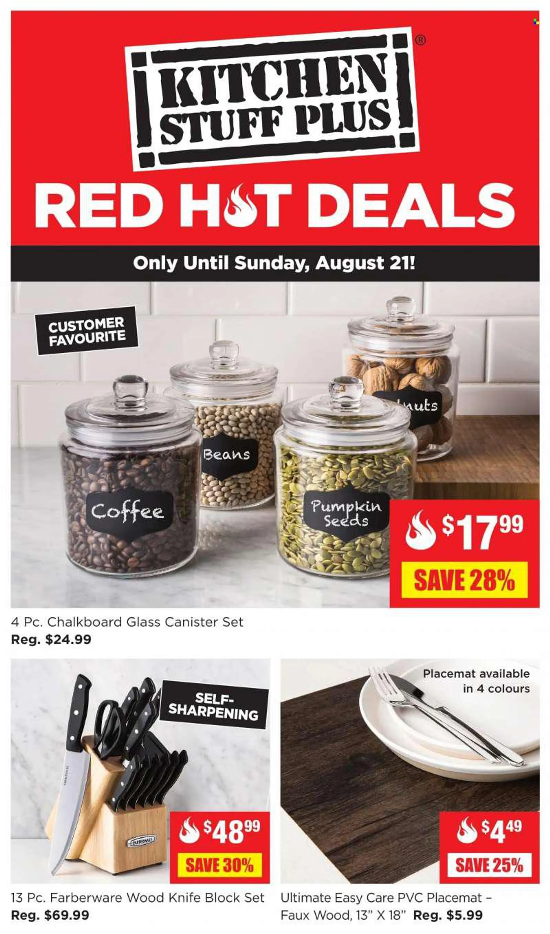 Kitchen Stuff Plus Flyer - August 15, 2022 - August 21, 2022 - Sales products - knife, canister, knife block, chalkboard, placemat. Page 1.