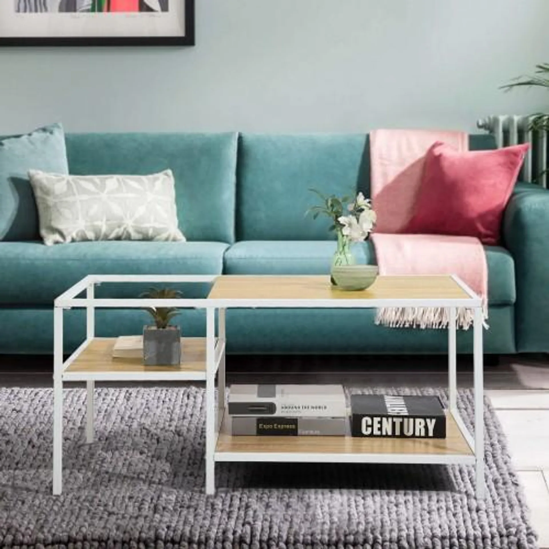 Capsicum Coffee Table With White Metal Frame And Oak Mdf Top