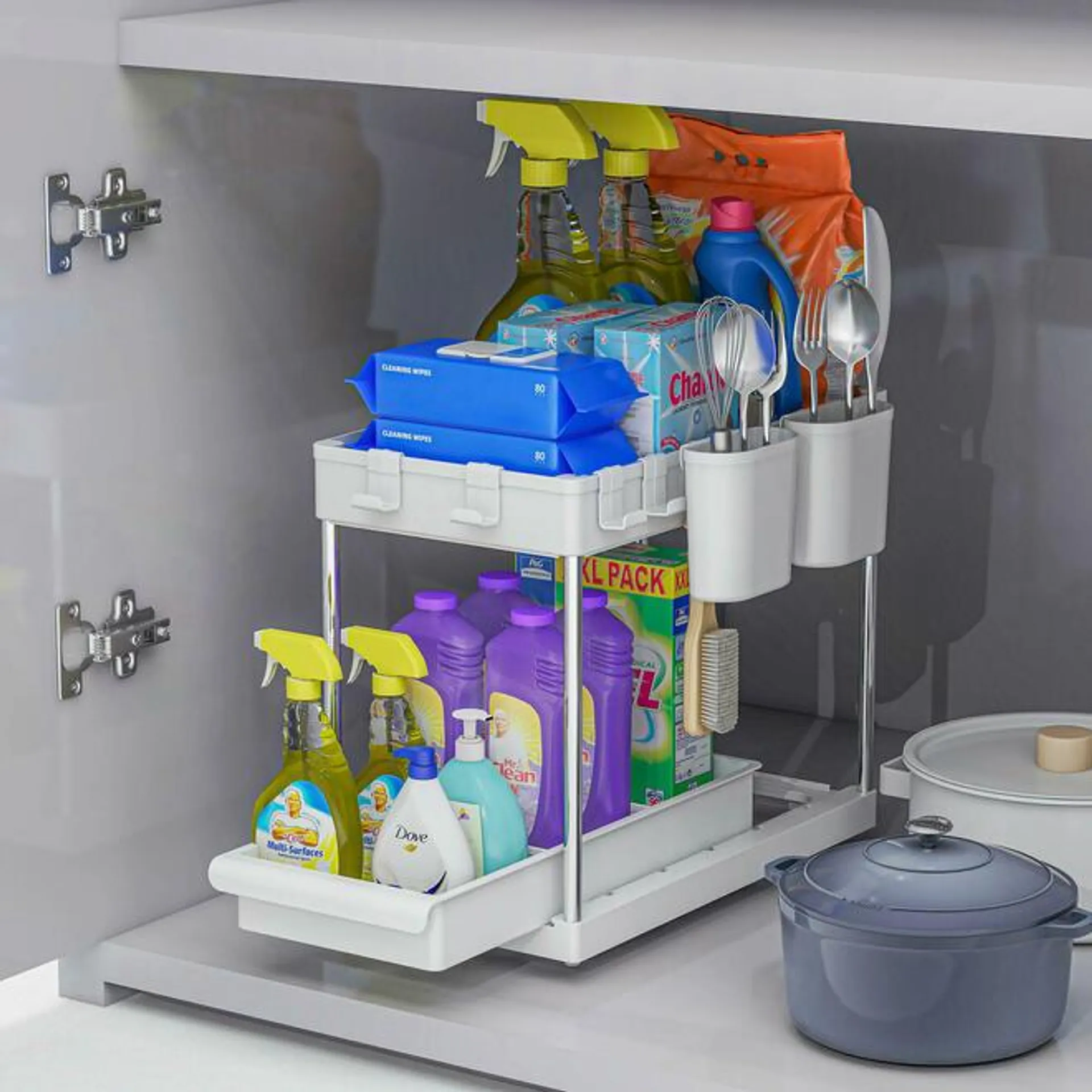 2-Tier Plastic Under Pull Out Sink Organizer with Hooks & Cups - STORA™ - White - 1PC