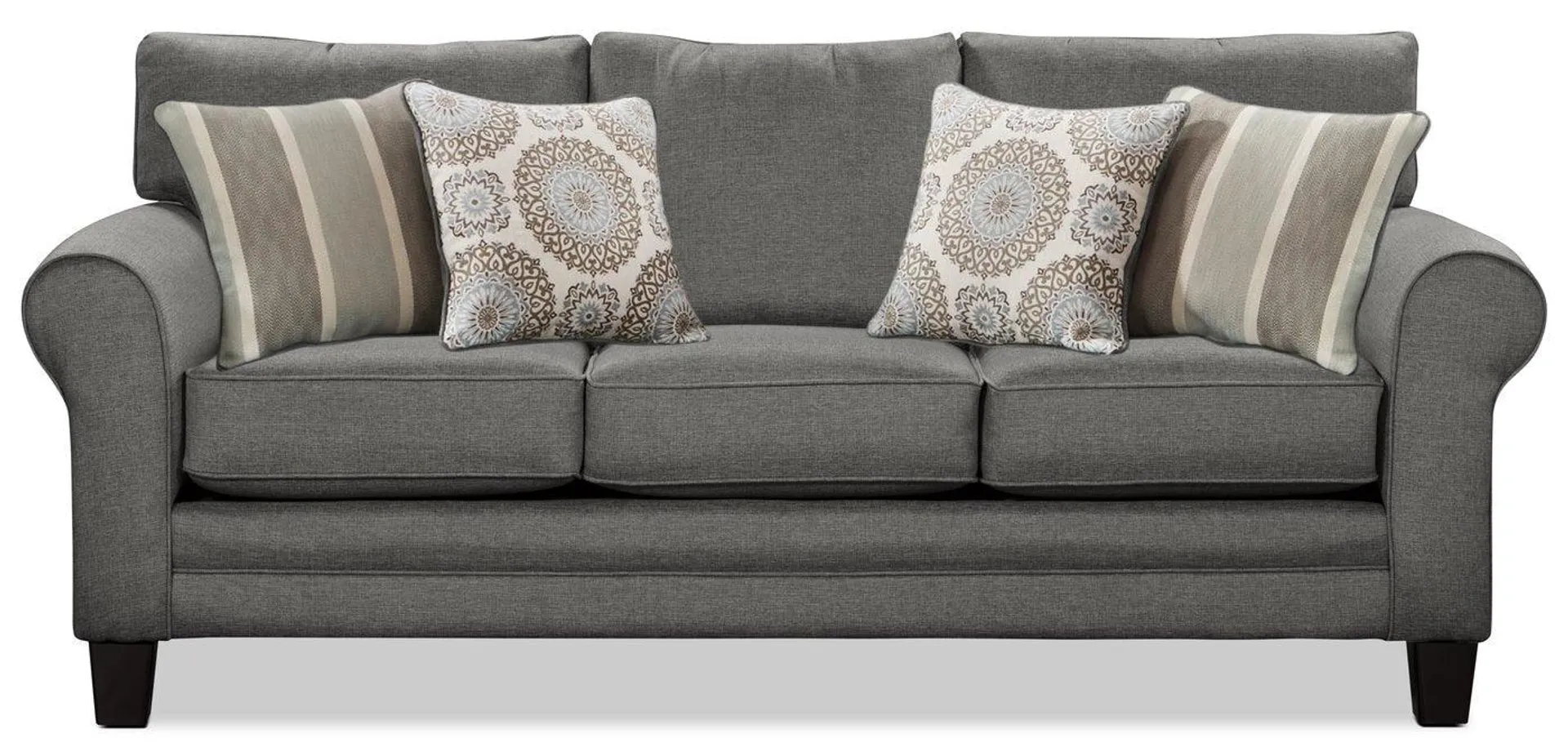 Canadian Made Tula 88" Steel Grey Fabric Sofa with Rolled Arms and Four Accent Pillows