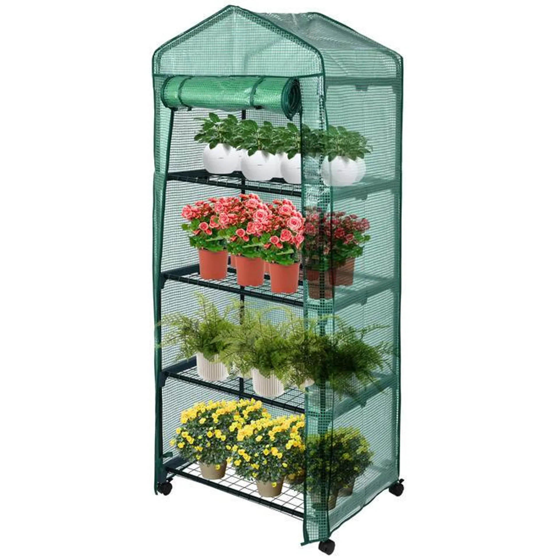 4 Tier Shelves Indoor/Outdoor Greenhouse with PE Cover & Wheels, 28 x 19 x 65in - Yardlab™