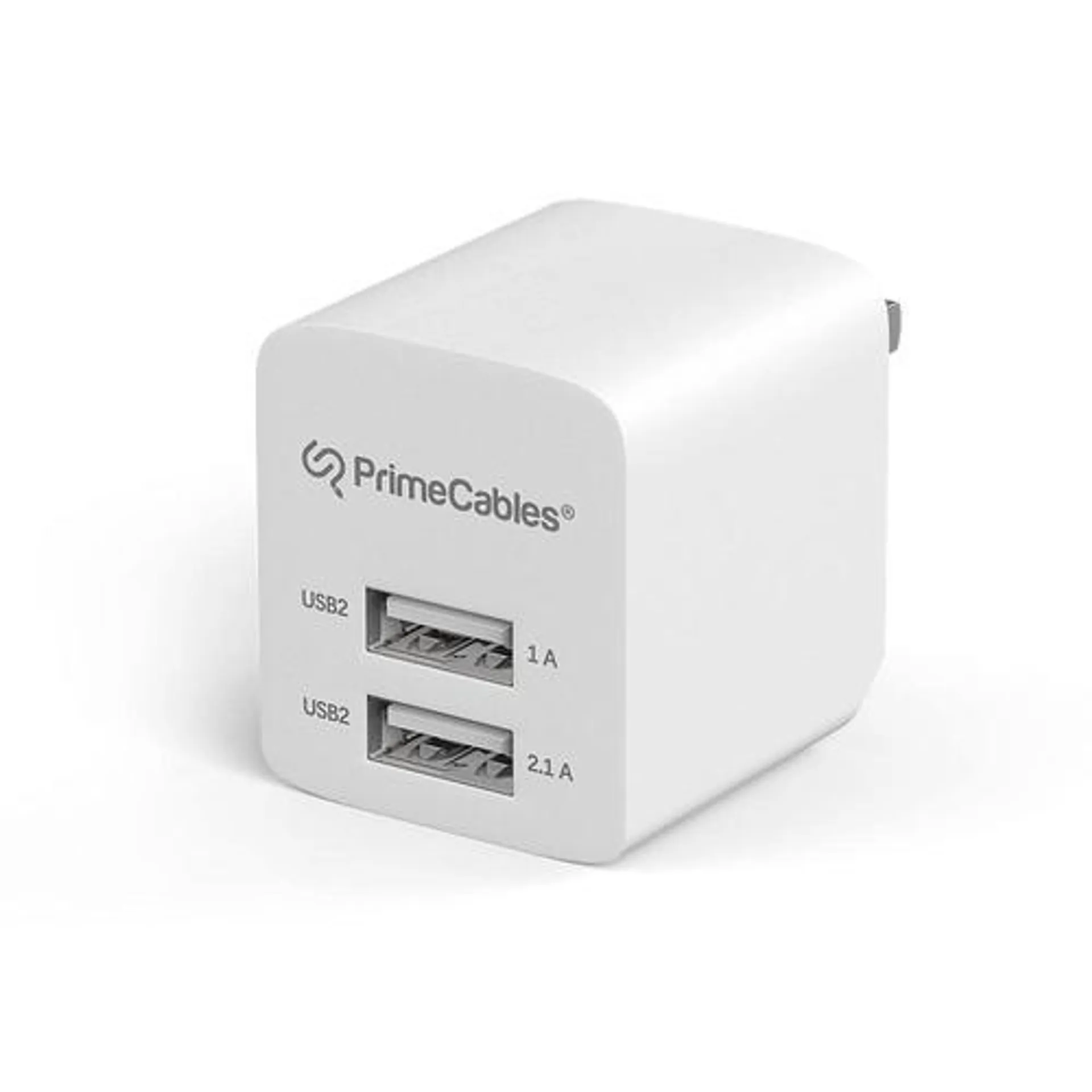 Universal USB Dual Ports Wall Charger, 10W 5V 2.1A, Foldable Plug, White - PrimeCables® - 1/Pack