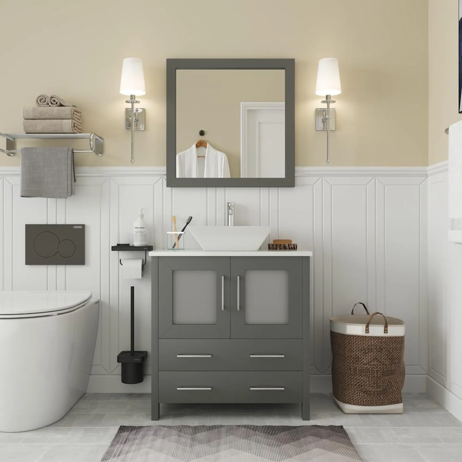 Ravenna 30 inch Bathroom Vanity in Grey with Single Basin Vanity Top in White Ceramic and Mirror