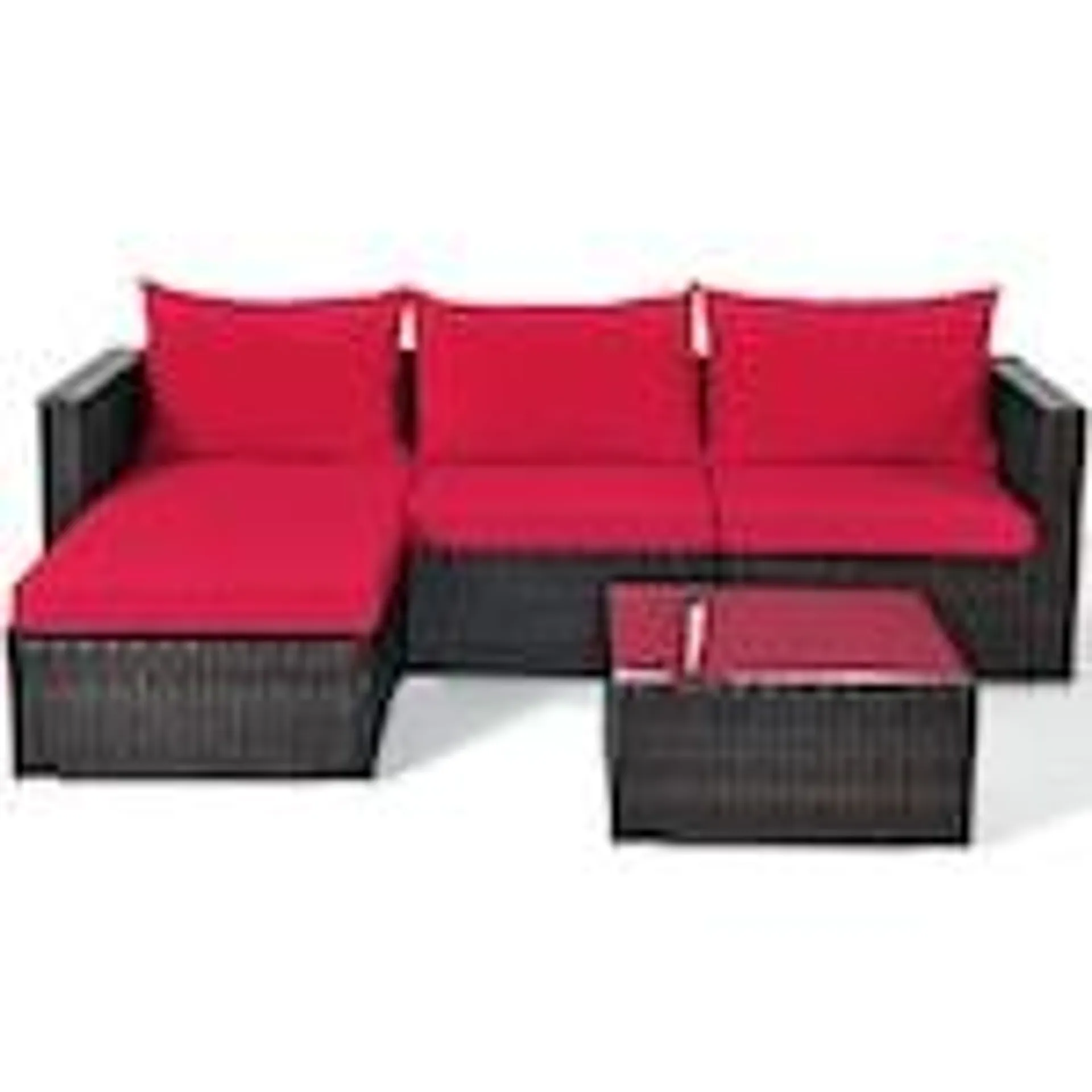 5PCS Patio Rattan Furniture Set Sectional Conversation Sofa w/ Coffee Table Red